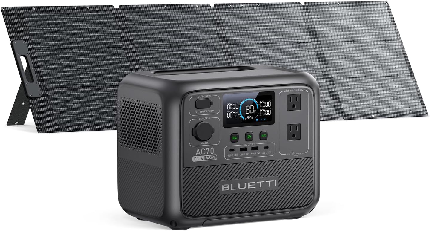 BLUETTI Solar Generator AC70 with 200W Solar Panel (Ships Separately), 768Wh with 2 1,000W (Power Lifting 2,000W) AC Outlets, 0-80% in 45 Min, LFP Backup Power for Camping, Travel