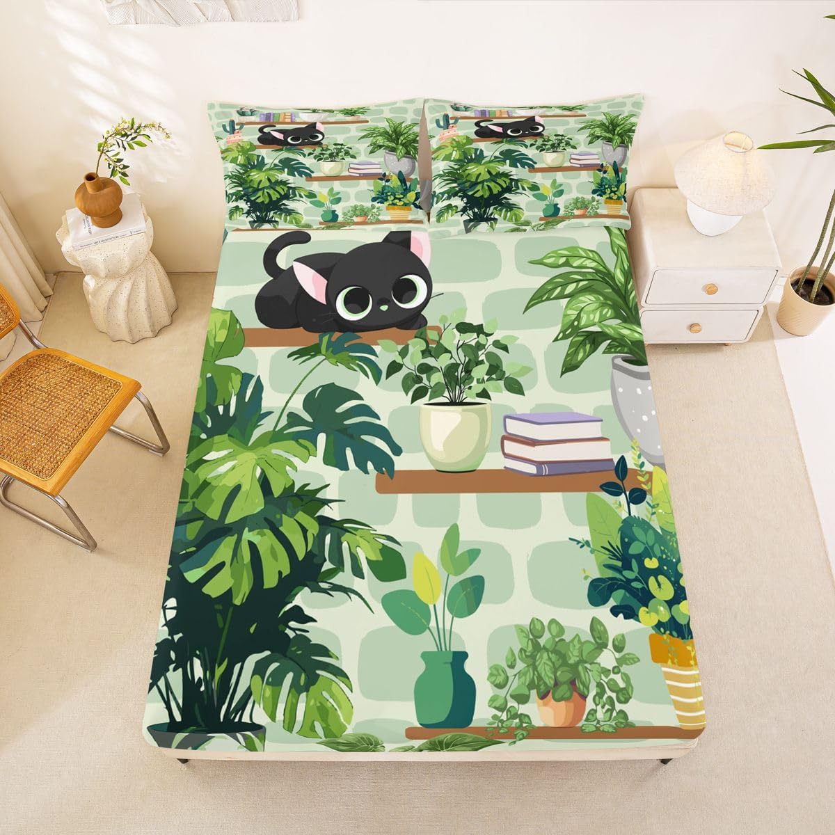 Erosebridal Cartoon Cat Bed Sheets Full Flower Leaves Sheet Set, Pet Animal Paw Soft Lightweight Bedding Set, Green Garden Wildlife Fitted Sheet with Deep Pocket