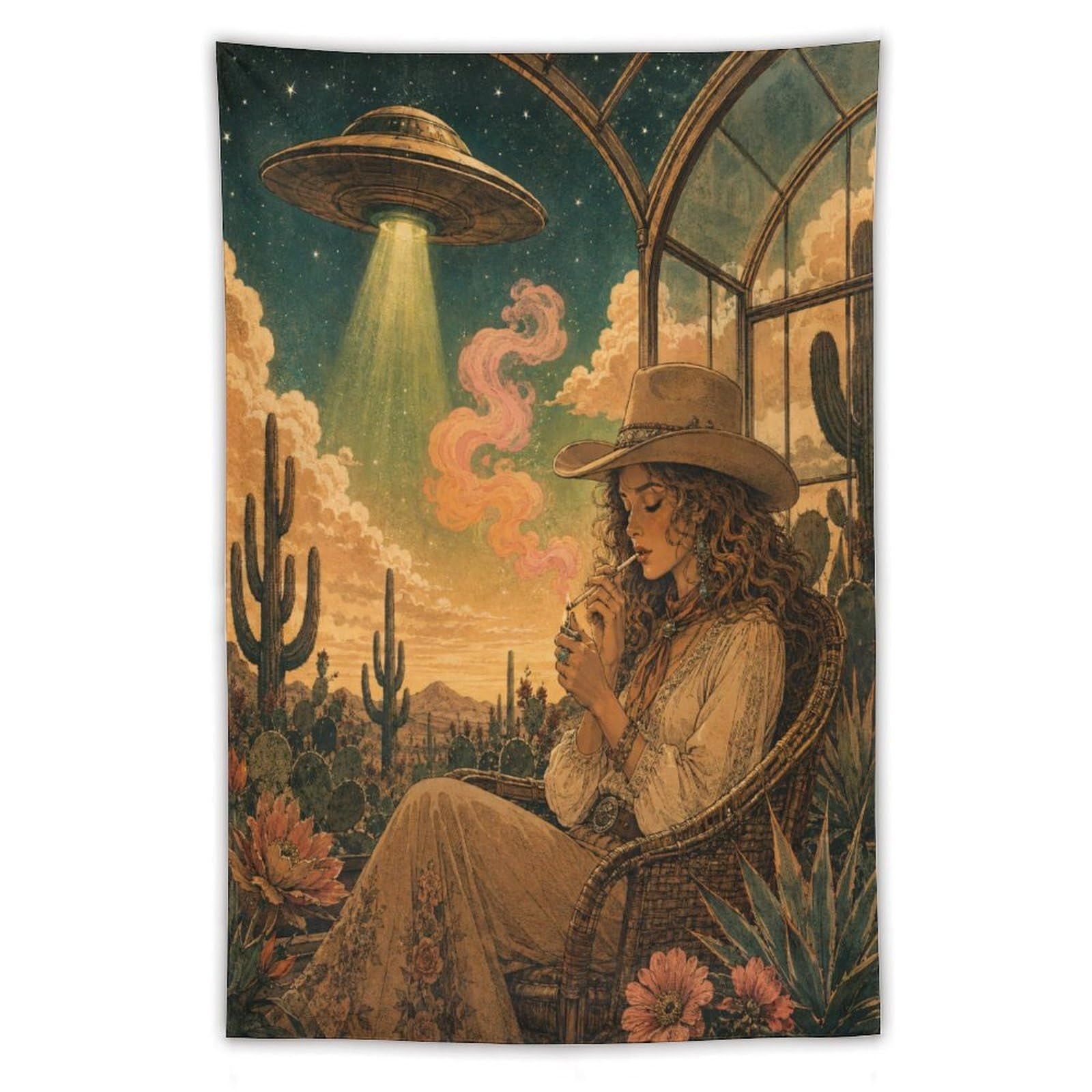 W7C8U2X3 UFO Cowgirl Cactus Garden Wall Tapestry, Surrealist, Surreal Sky