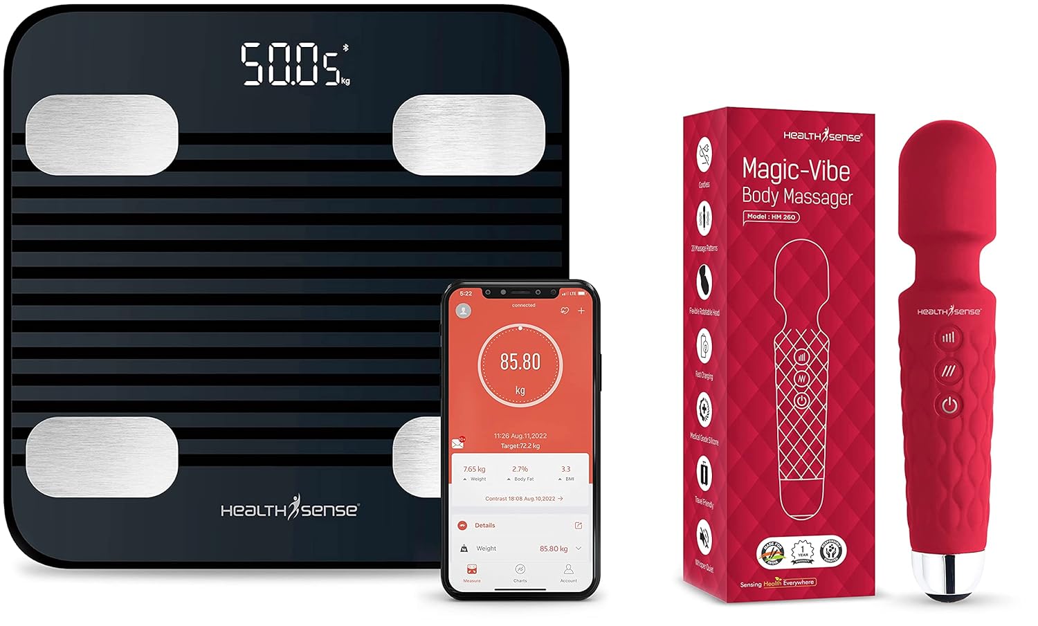 HealthSense Bluetooth BMI Weight Machine for Body Weight & Cordless Full Body Massager Machine