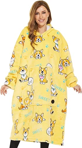 THREE POODLE Manta con capucha, sudadera larga de sherpa de gran tamaño para adultos, mujeres y hombres, cálida y acogedora manta con capucha Corgi,