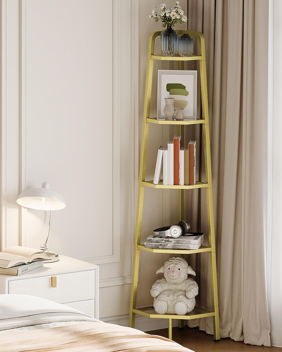 CHOEZON 5-Tier Corner Shelf, 59.6” Corner Storage Stand, Floorstanding Dispaly Rack, Tempered Glass Corner Bookshelf, Open Plant Stand, for Living Room, Bedroom, Study, Bathroom, Gold TCJ21GJ