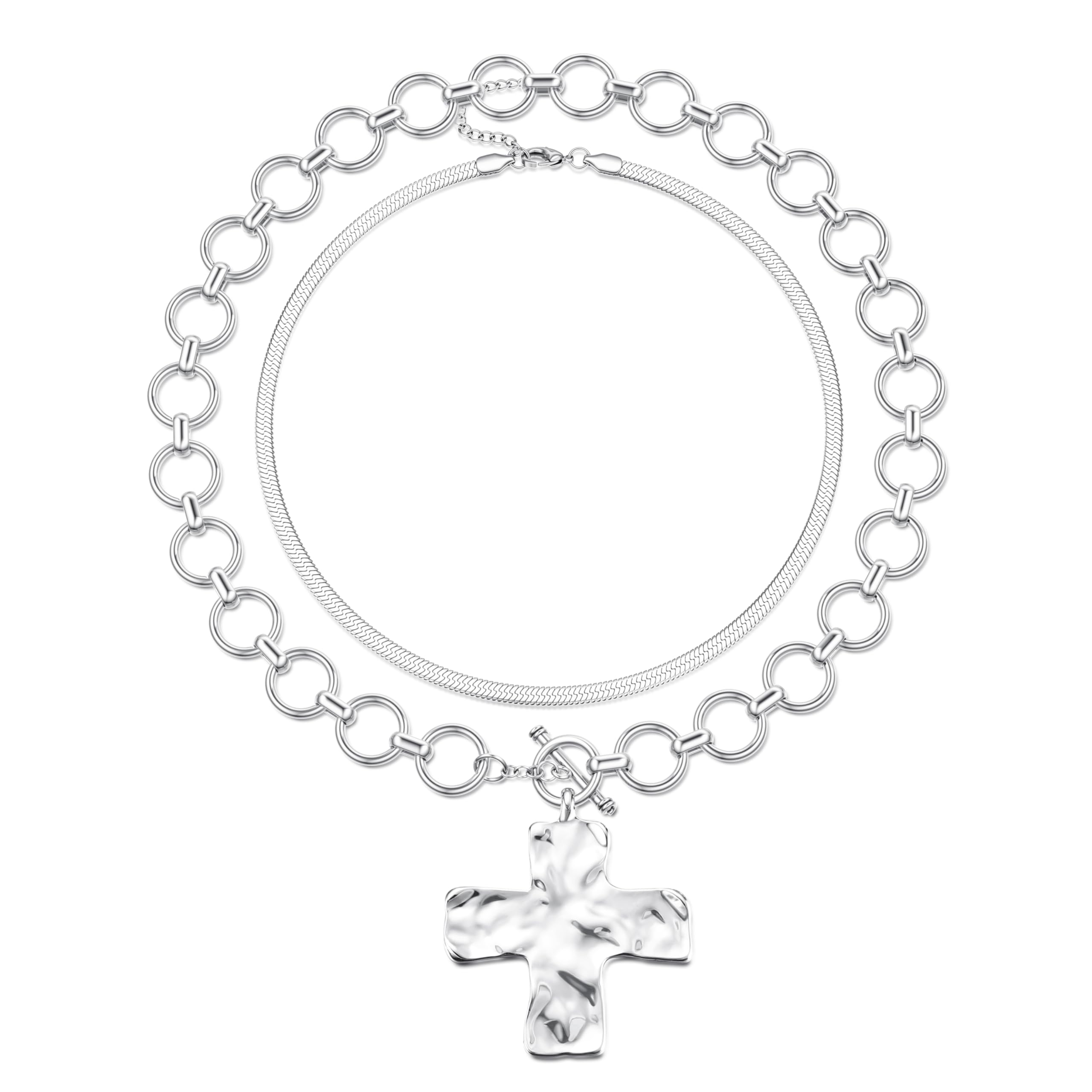 TEN MIRO 18k Chunky Gold Necklace for Women Sweatproof, Non Tarnish Chunky Cross Necklaces Thick Gold Layering Hammered Bold Necklace Stacks Toggle