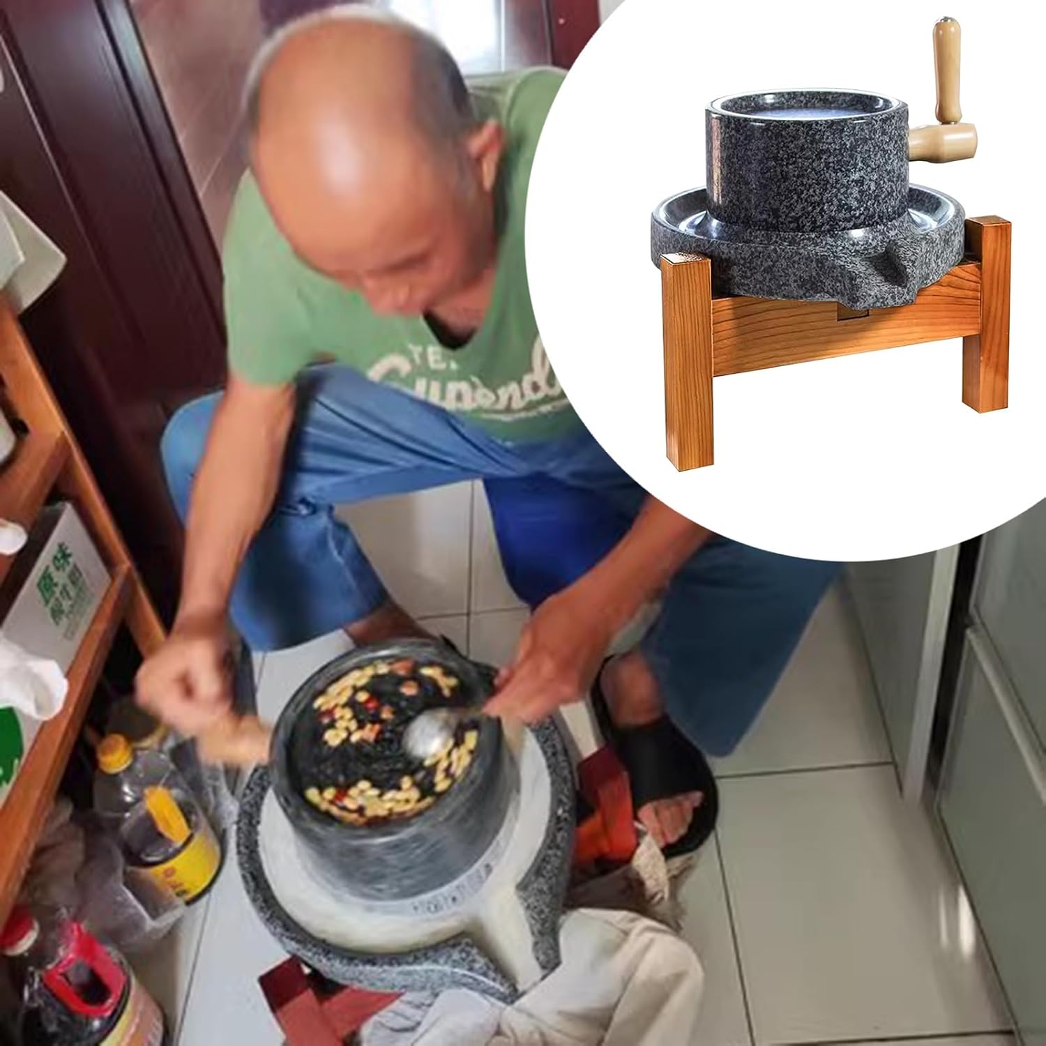 Small Manual Granite Mill with Wood Hand Crank, Handmade Flour Mill Grinder for Home, Soy Spices/Beans/Peanuts/Millet/Rice/Oats Pulverizer