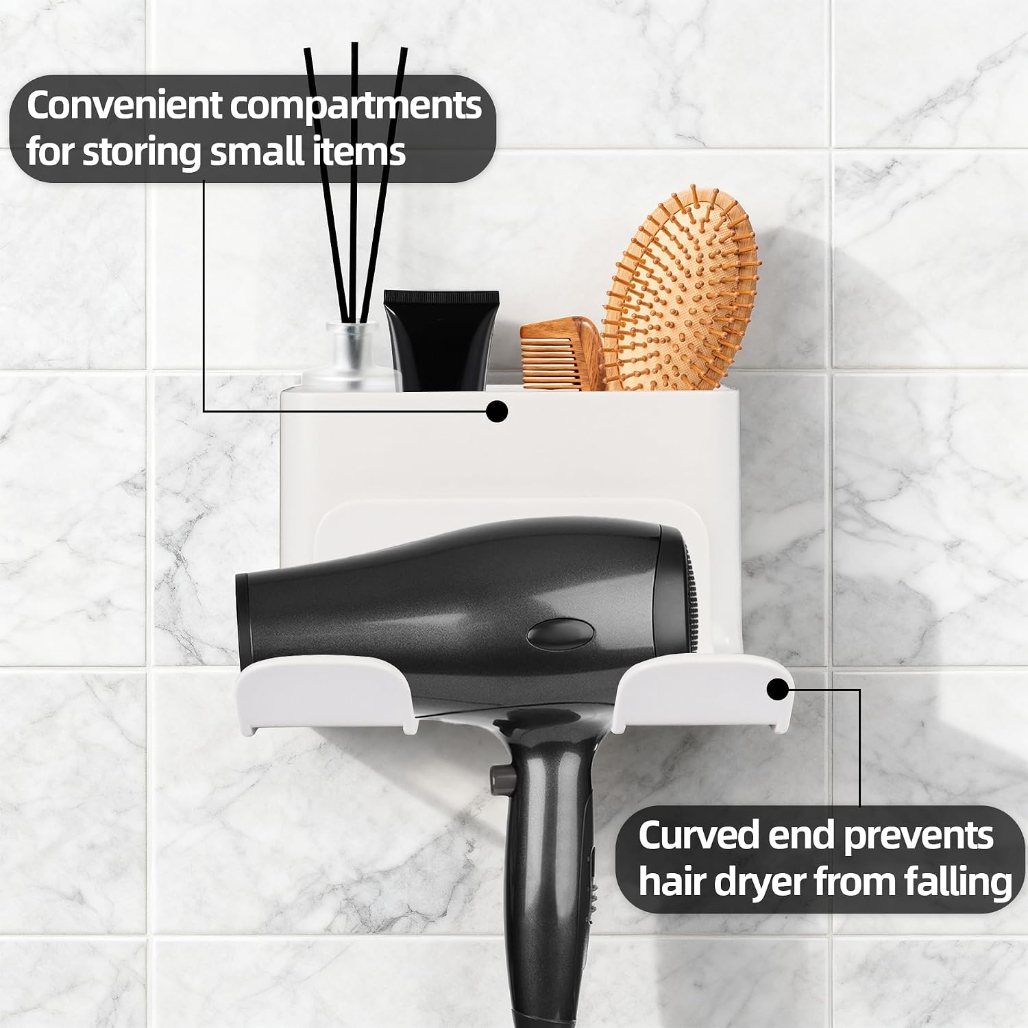 2 Pack Hair Dryer Holder Wall Mount, Self Adhesive Blow Dryer Holder with Cord Organizer for Bathroom Cabinet Wall, Universal Hair Dryer Hanger Storage Rack (White)
