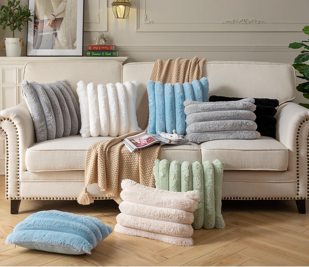 Faux Fur Plush Throw Pillow Covers 16x16 Inch Set of 2 - Luxury Decorative Fuzzy Striped Soft Cozy Pillowcase for Couch, Sofa, Living Room - Blue