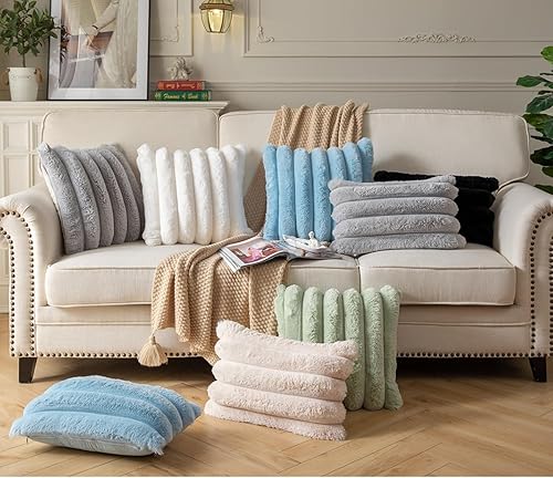 Miniatura 6 de Joyouth Juego de 2 fundas de almohada de felpa de piel sintética de 16 x 16 pulgadas, fundas de almohada decorativas de lujo, a rayas, suaves y