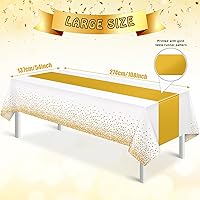 Vista 2 de 3 piezas de mantel blanco y dorado para decoración de fiesta, mantel de plástico blanco con diseño dorado impreso, desechable, rectangular