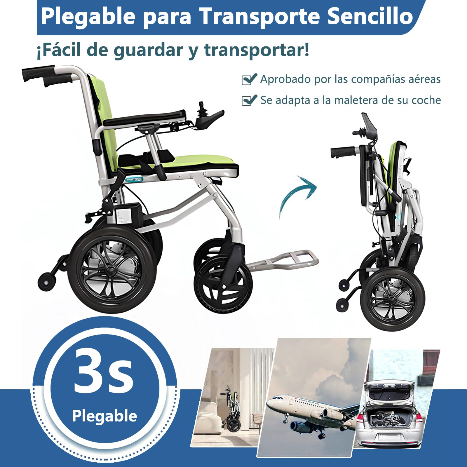 AMITD Silla de Ruedas Eléctrica Plegable Ligera, Doble Control, 15kg, Autonomía 20 km, Carga 120 kg, Todo Terreno, Certificación Aeronáutica, Doble Batería de Litio Extraíble, para Disabili, Anziani