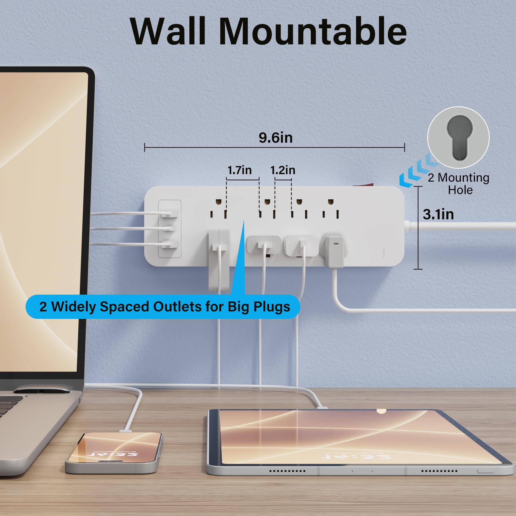 Elecan - Tira de alimentación con protector de sobretensiones de 4 pies, 8 salidas ampliamente espaciadas con 2 puertos USB-A y 1 USB-C PD de 20 W, enchufe plano para montaje en pared, extensor de