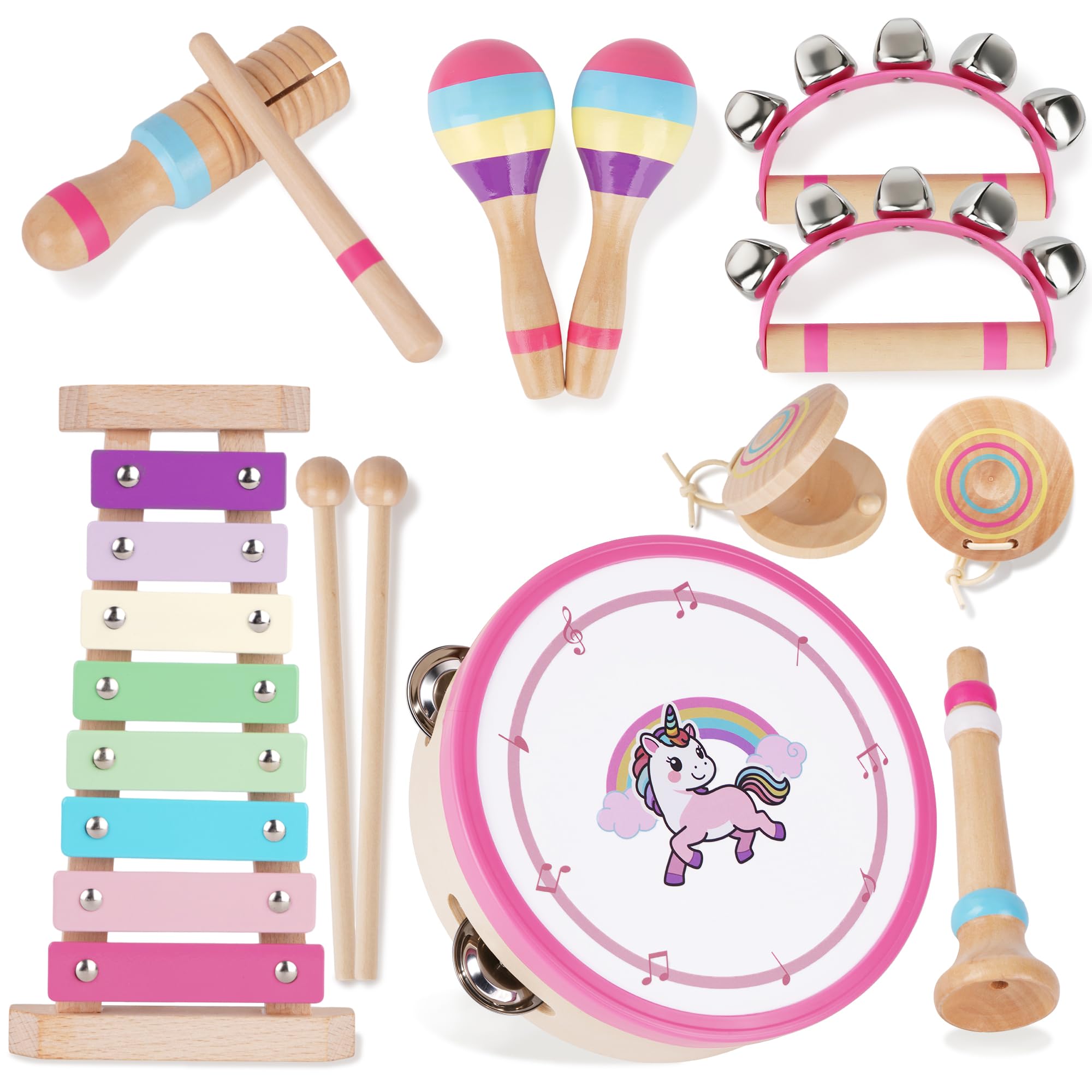 ATOYUS Montessori Musikinstrumente Spielzeug für Babys und Kinder ab 1 Jahr, Holz-Schlaginstrumente für 1-3 Jährige Mädchen mit Xylophon, Trommel, Geschenk zum 1. Geburtstag, zu Weihnachten und Ostern