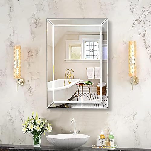 Pregaspor Espejo en espejo de pared para baño, 16 x 24 pulgadas, rectangular, sin marco, espejos de tocador de baño para pared, espejos de borde