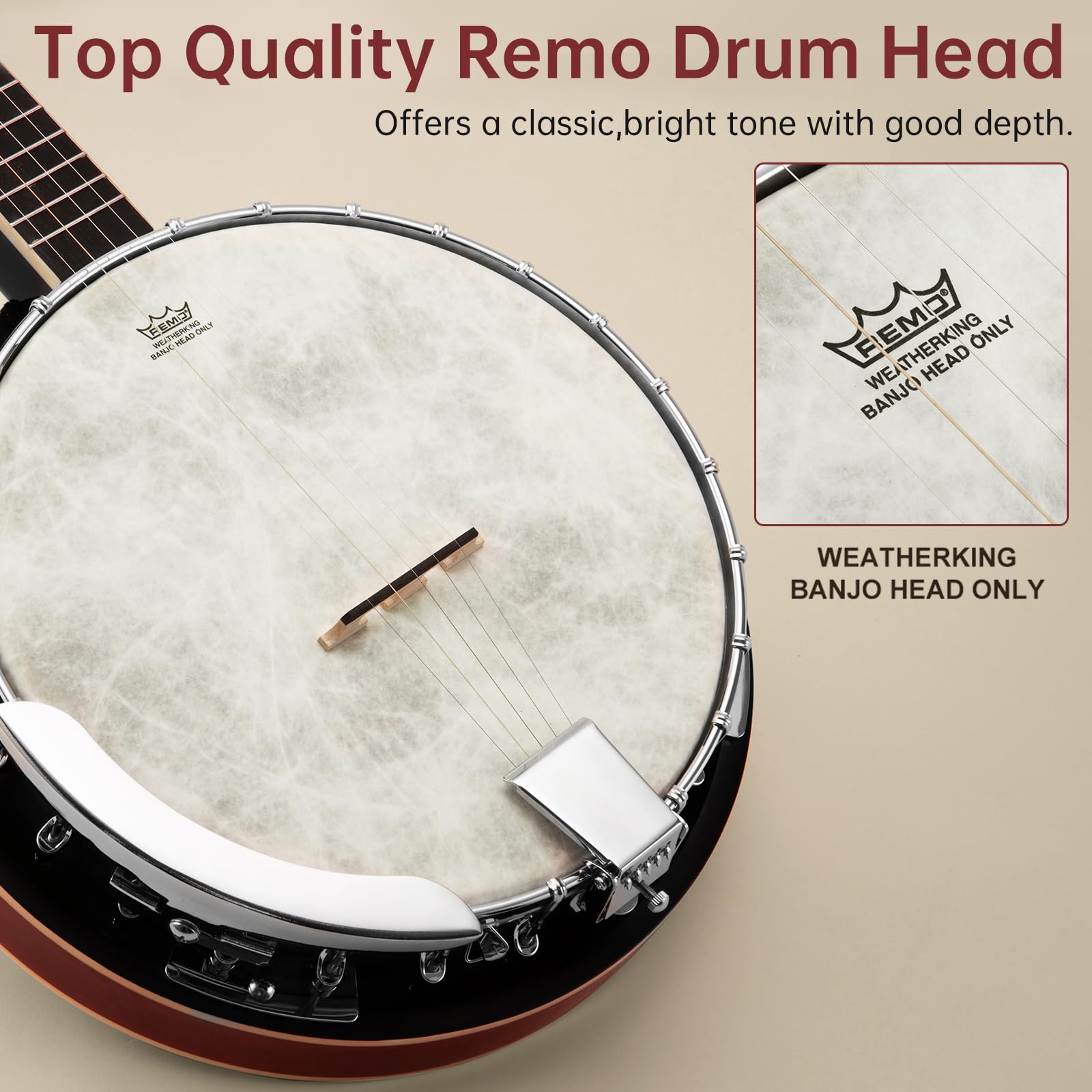 Kmise Banjo, 5 String Banjos with Remo Head Full Size 38 Inch Closed Back with Removable Resonator, Strings Pack, Finger Picks, Strap, Case, Tuner Set Accessories for Starter Adults Beginner Gift - Image 3