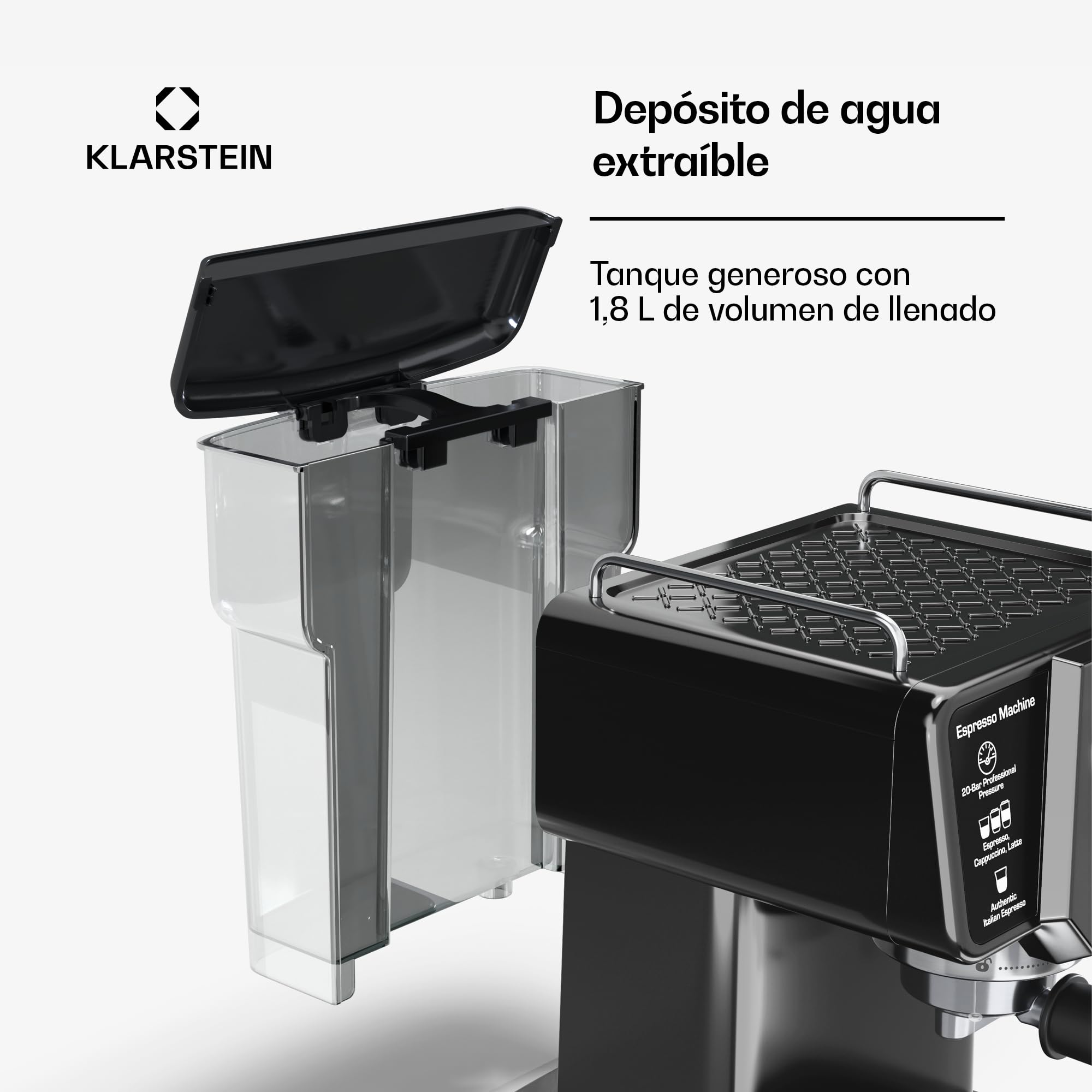 KLARSTEIN Libeica Cafetera Espresso – 19 Bares, 1350W, Acero Inoxidable, Boquilla de Vapor, Depósito 1,8L, Panel Táctil, Para Café Molido y Exprés, Diseño Elegante