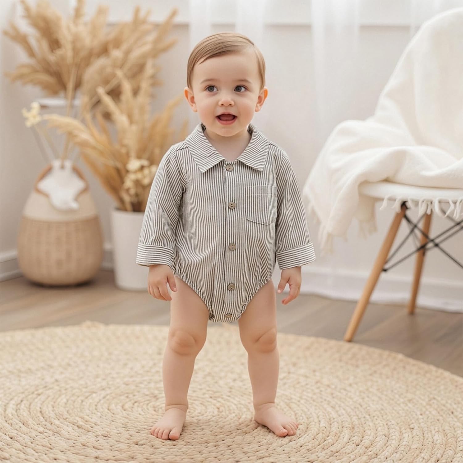 Sasaerucure Newborn Baby Boy Clothes Turndown Collar Striped Long/Short Sleeve Romper Button Up Jumpsuit Shirt Bodysuit - Image 6