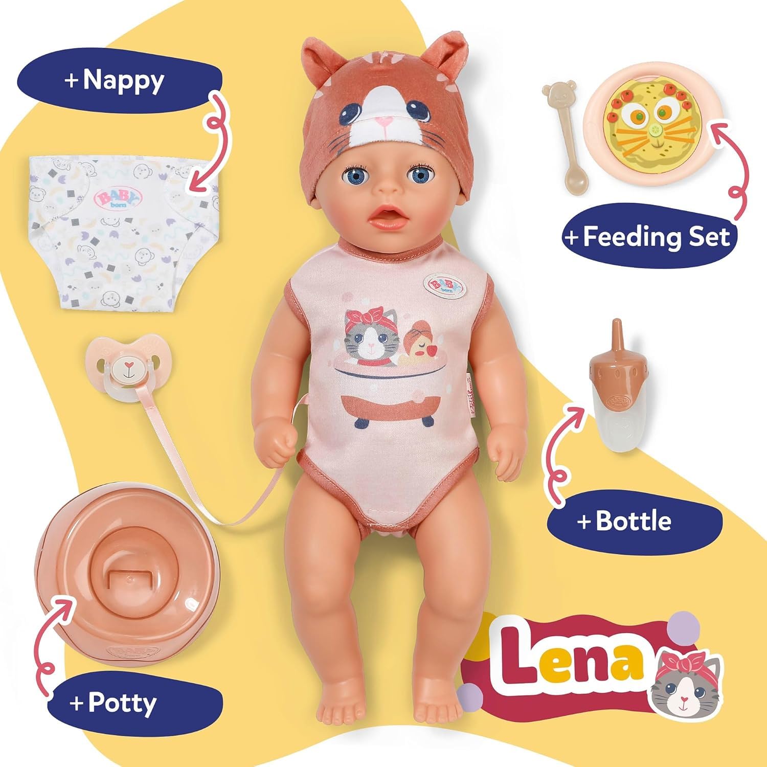 Baby Born Lena śpioszki z motywem kota, 36 cm duża lalka z 7 funkcjami, dla dzieci od 1 roku życia