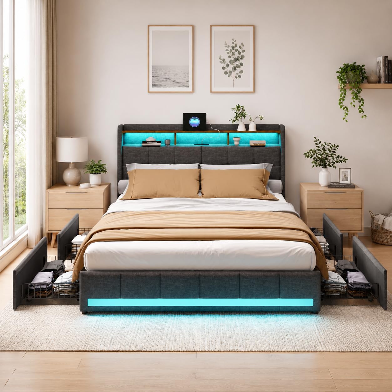 Letto imbottito, 160 x 200 cm, letto matrimoniale, letto funzionale con illuminazione a LED e funzione di ricarica USB, letto con 4 cassetti e rete a doghe, letto per giovani, con schienale