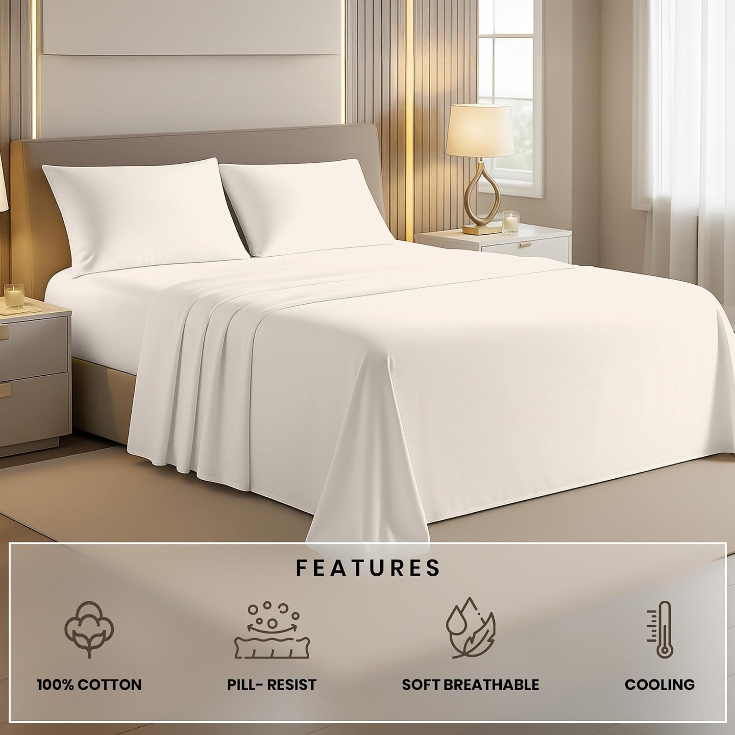  4 Pc Full Sheet Set - 100% Egyptian Cotton Premium Hotel Luxury Bedding - Sateen Weave Soft Cooling Durable Bedsheet - 16" Deep Pocket Sheets - Ivory thumbnail