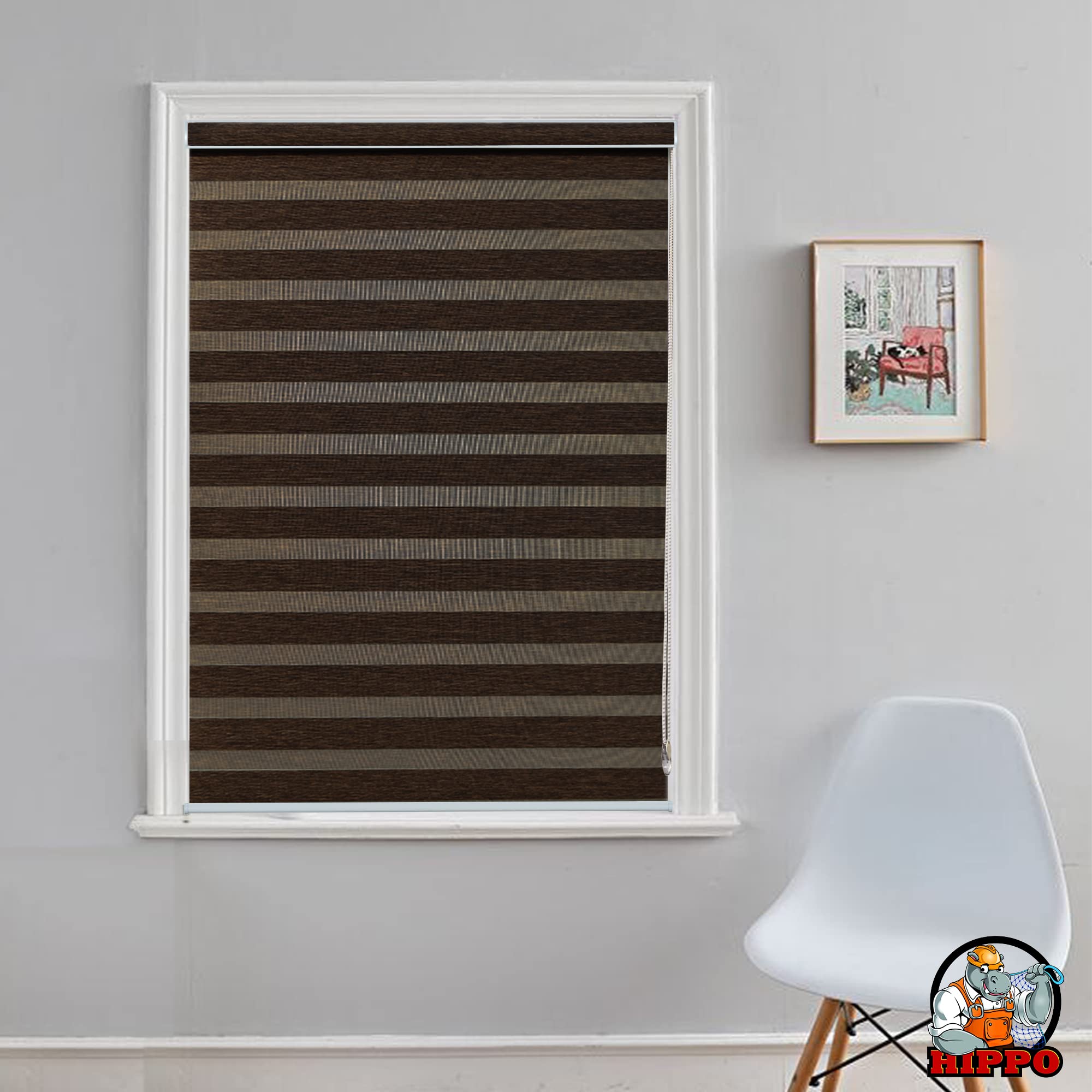 HIPPO Premium Zebra Blinds Wooden Design Polyester Blend Semi/Complete Privacy Indoor Roller Blinds for Windows (Coffee-Brown, 4FTX5FT)