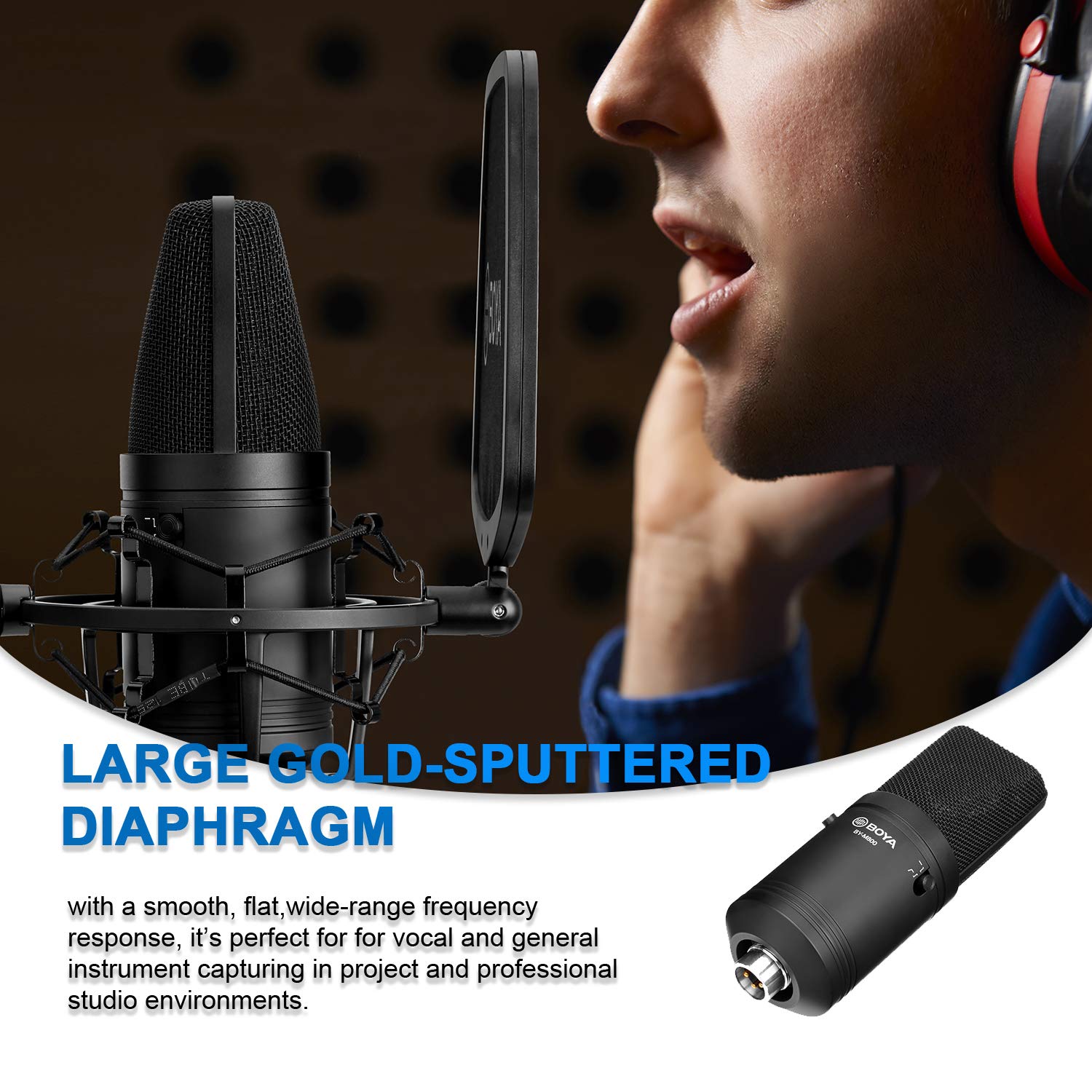 BOYA M800 Microfono audio Microfono a condensatore da studio con diaframma dorato e oro 24 V 48 V Alimentazione phantom e custodia robusta per la registrazione vocale Cantante Podcast Trasmissione