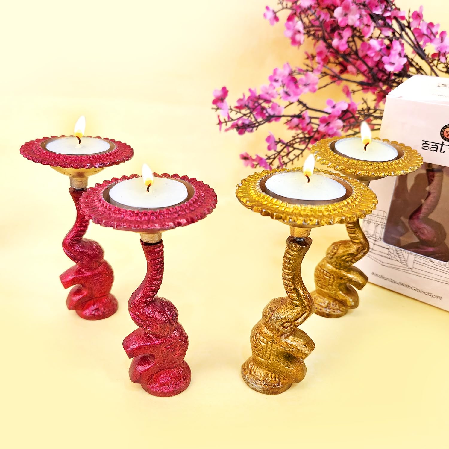 SATVIK 4 Pcs Multicolor Elephant Diya Metal Table Dia Laxmi Candle Tea Light Holder Christmas Indian Traditional Décor Home Mandir Office Decoration Housewarming Return Gift Items