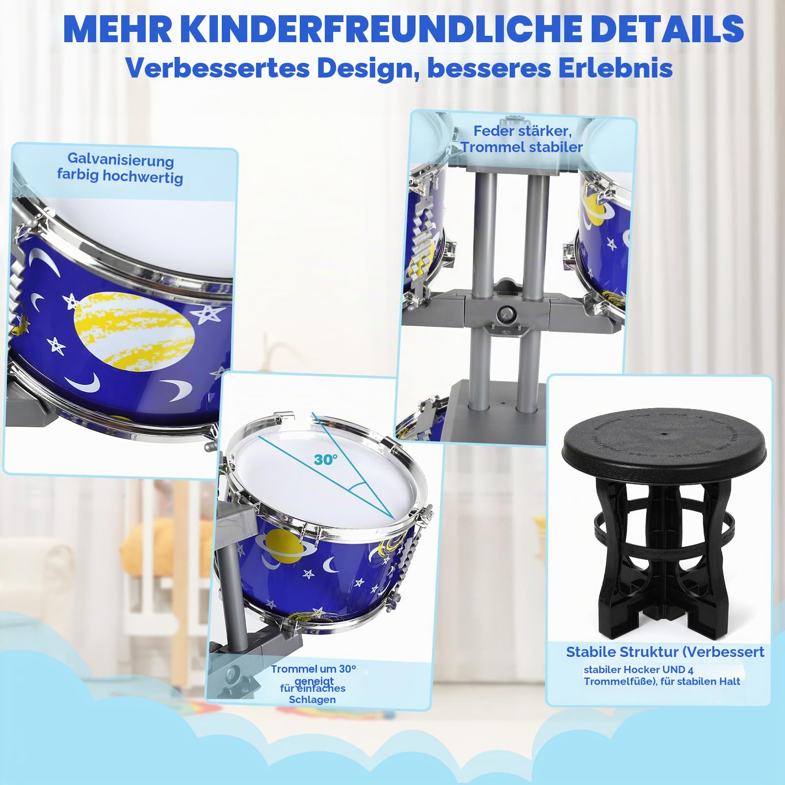 Schlagzeug Kinder mit Lichtern, 5 Trommels Anfänger-Schlagzeug mit Hocker Percussion, Musikinstrument Lernspielzeug Spielzeug Geschenk für Kinder ab 3 4 5 6 Jahre Mädchen und Jungen