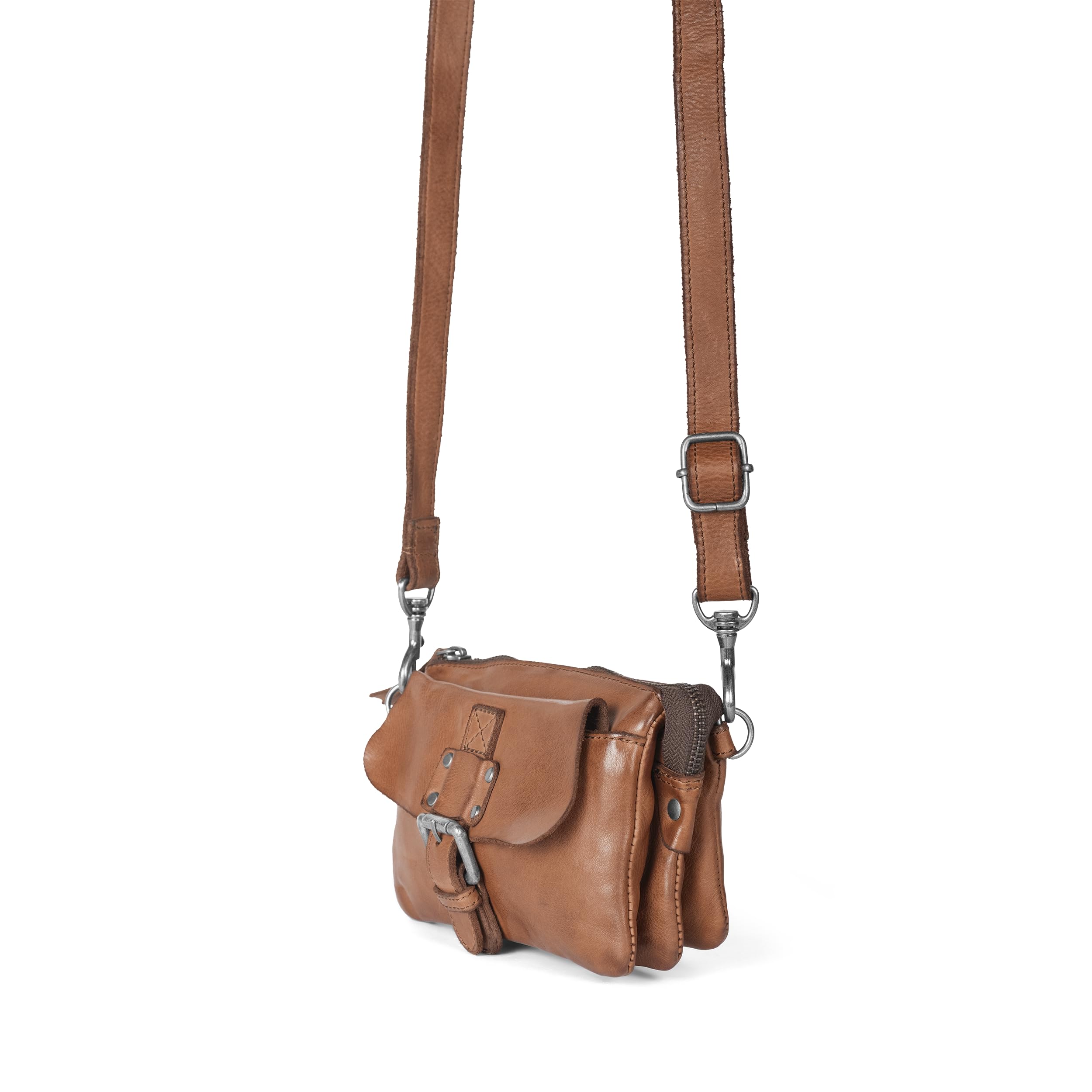 Handtasche DANY, kleine Damen Umhängetasche aus Leder, als Gürteltasche tragbar, 3 Fächer mit Reißverschluss für perfekte Organisation, cognac