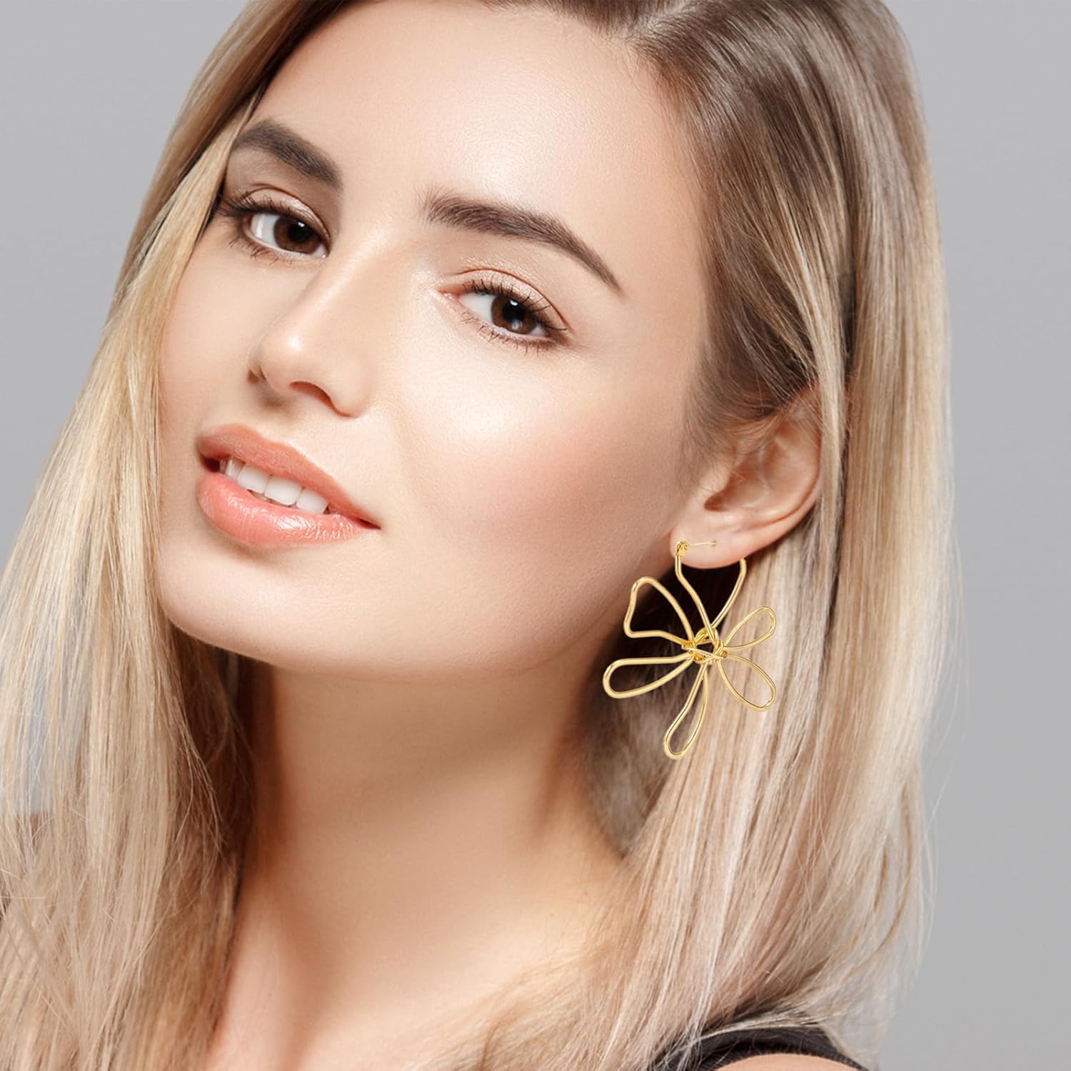 Large Gold Wire Frame Flower Hoops Earring Big Statement Flower Earrings For Women Lightweight Trendy Floral Earrings For Women - Image 4