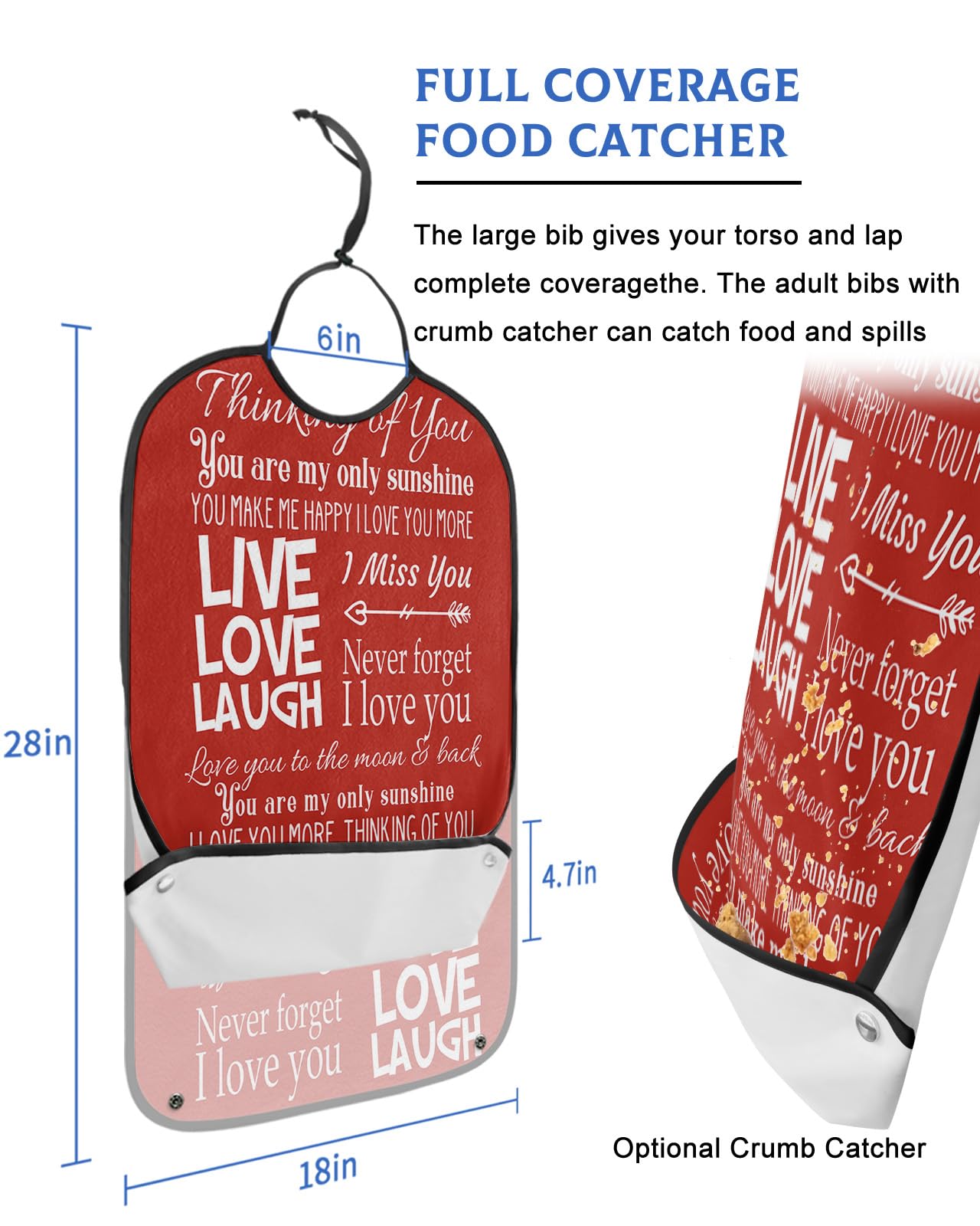 Red Backdrop Live Love Laugh Adult Bibs for Eating, Waterproof Bibs with Food Catcher & Adjustable Snap Closure, Friendship Love with Words Clothing Protectors Adult Bibs for Elderly Women/Men