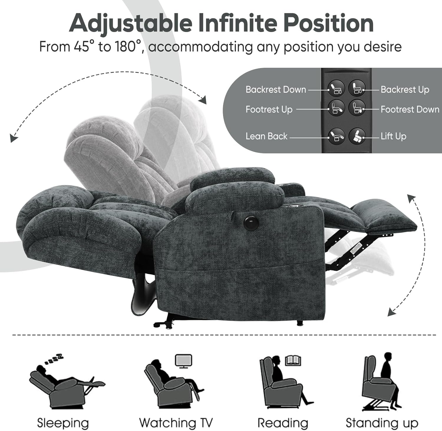 ABCASA Dual Power Lift Recliners Chair for Elderly with Heat & Massage, Large Lay Flat Chenille Recliner with Lift Assistance, USB & Type-C, Cup Holder, Side Pocket, Gray Blue