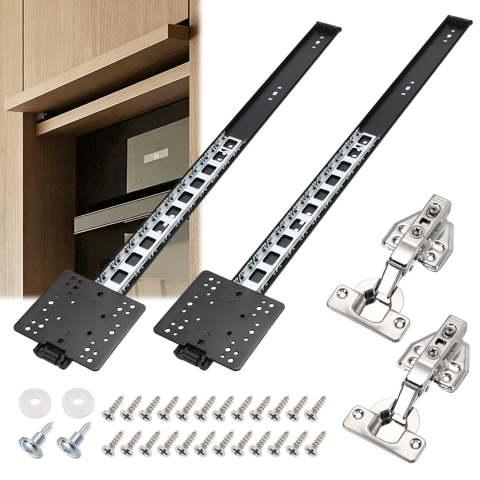 DTGN 24 Inch Pocket Door Slide Pocket Door Hardware Kit- 2 Set - for 18-20mm Think Inset Cabinet Wardrobe - Soft Close Silent Retractable System W/Hinges & Screws 14kg/30.9lb - Black
