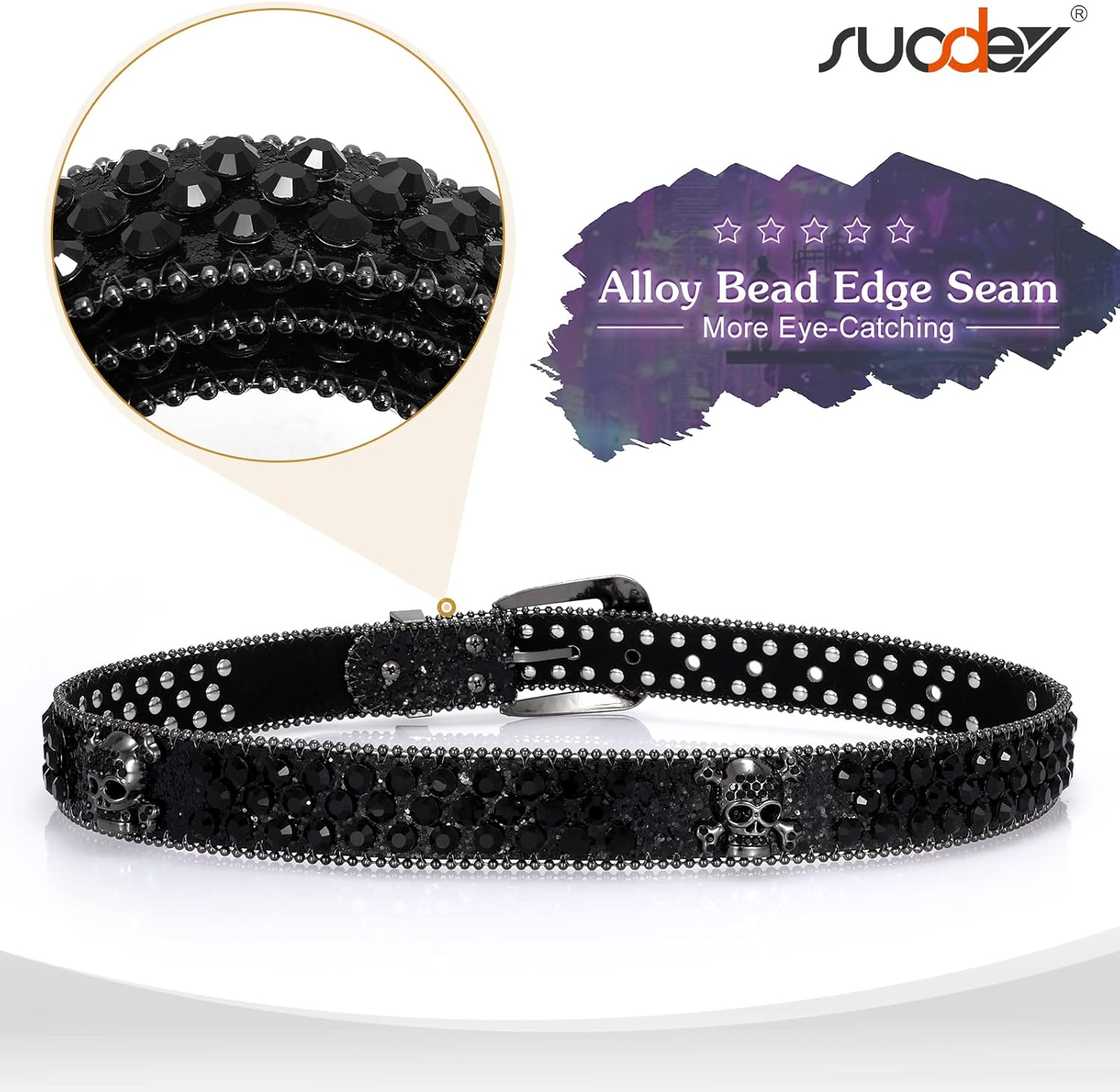 SUOSDEY Skull Rhinestone Sparkly Bling Diamond Sequin Studded Western Cowgirl Cowboy Belt - Image 4