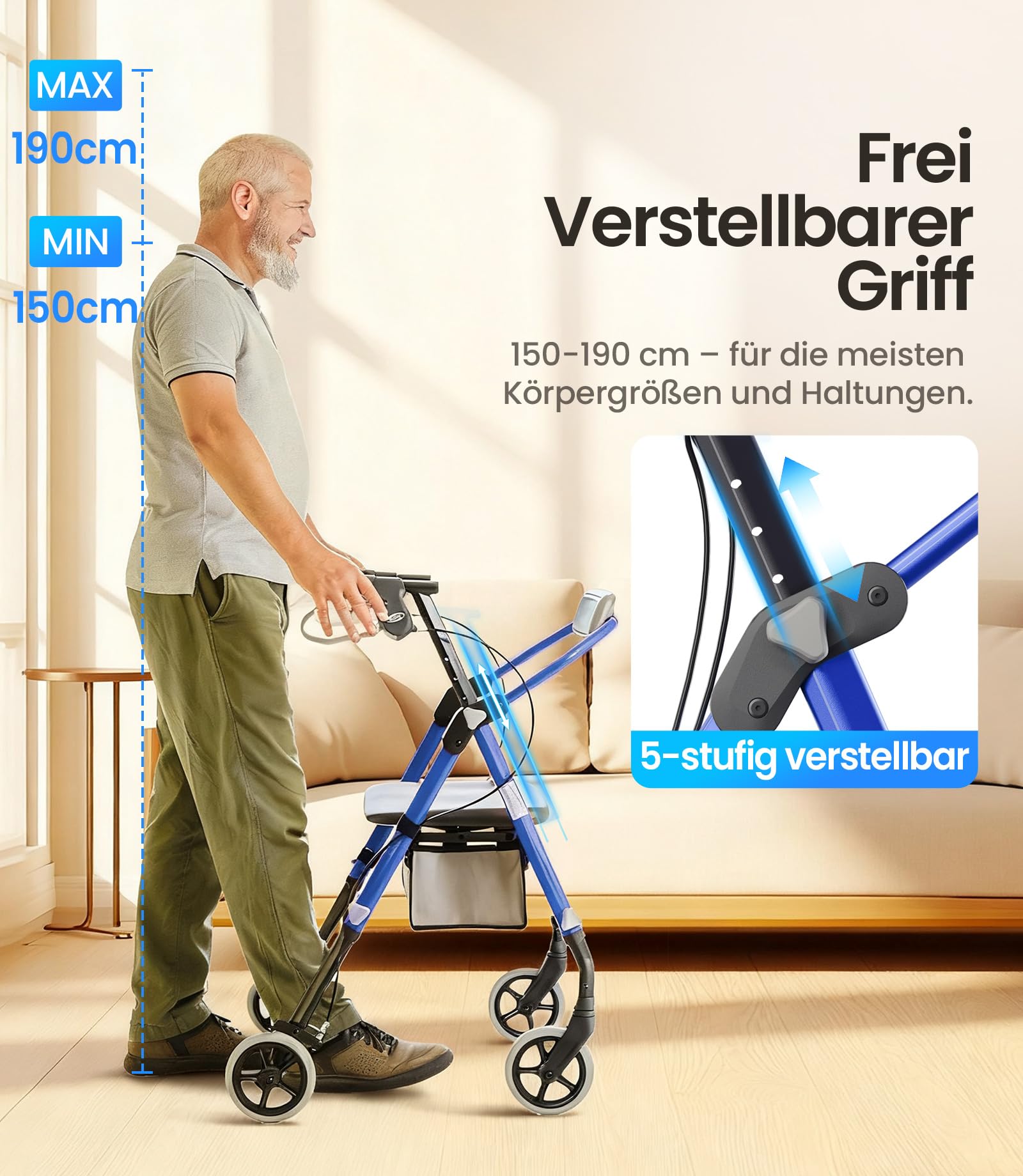 VOCIC Z11 Rollator faltbar und leicht mit Sitz,Max 172kg,Schmal für wohnung | Rollatoren leicht klappbar für Senioren, Sitz & Griff – Ergonomisch & Höhenverstellbar,Walker Meeresblau, 5 Jahre Support