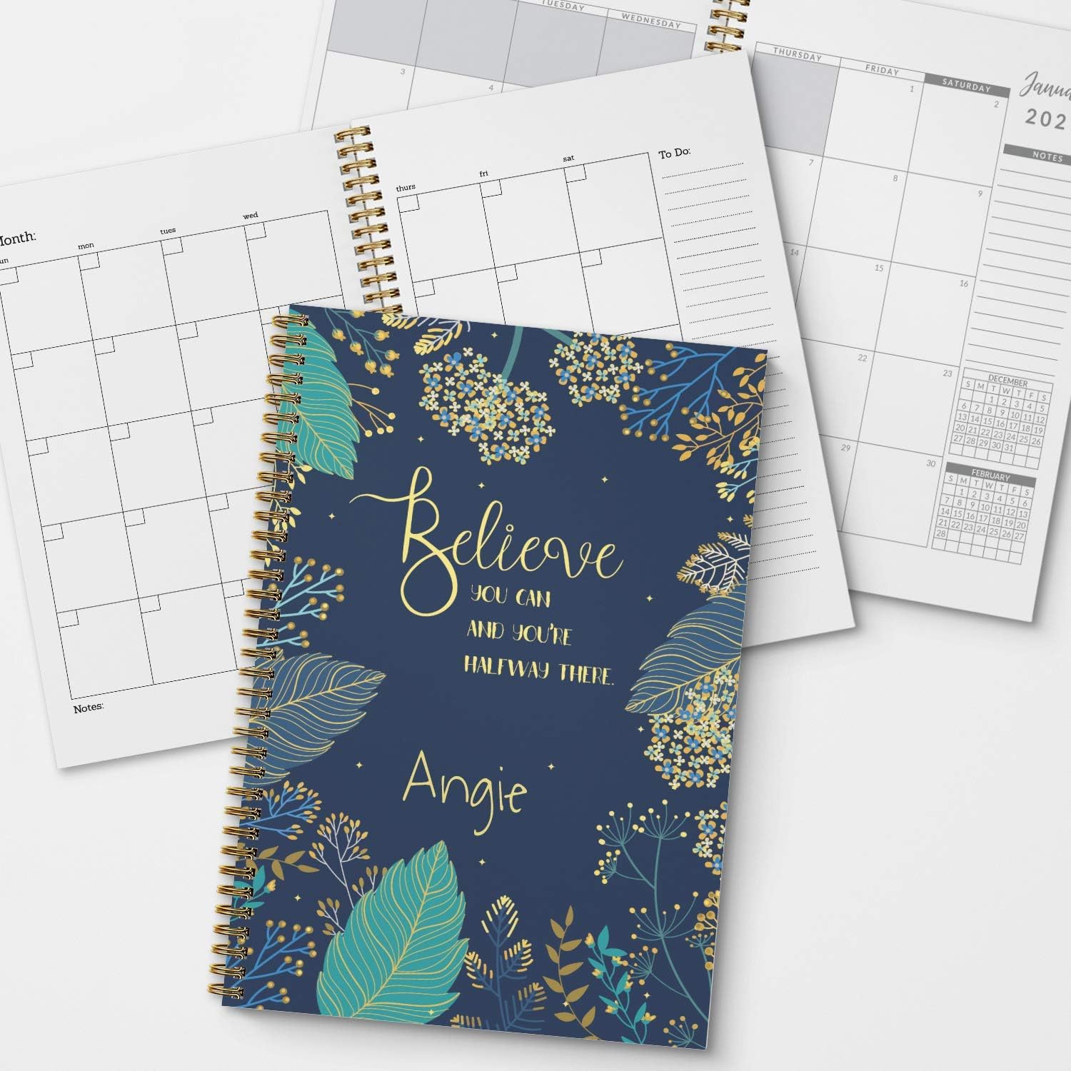 Believe You Can Personalized Inspirational Monthly and Weekly Softcover Planner and Organizer, 1 full year, January-December DATED or UNDATED OPTION, 8.5" x 11", lay flat wire-o spiral binding