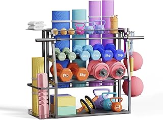 TIL Dumbbell Rack for Home Gym, Weight Rack for Dumbbells Kettlebells Yoga Mat and Balls, All in One Dumbbell Stand with Yoga Mat Holder, Barbells Rack, Workout Equipment Storage Rack with Hooks