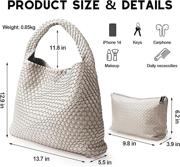 Vrouwen Vegan Lederen Handgeweven Tote Handtas Mode Schouder Top-handvat Tas All-Match Onderarm Tas Met Portemonnee, Blauw, Large