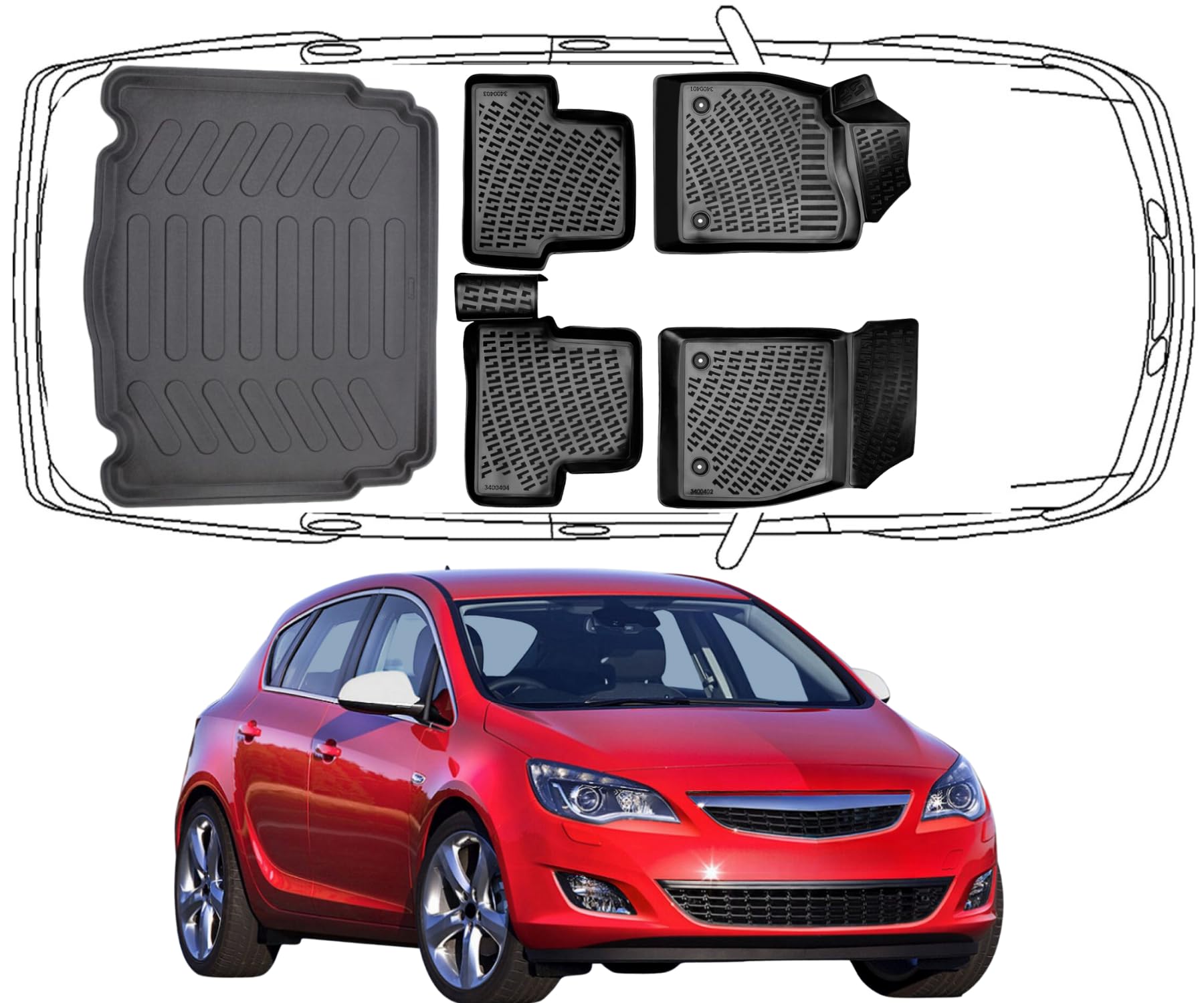 Rizline 3D Komplettset für Opel Astra J Hatchback 2009-2015 | Fussmatten & Kofferraumwanne aus TPE Gummi, Passgenau Gummimatten & Kofferraummatte, Hoher Rand, Rutschfest