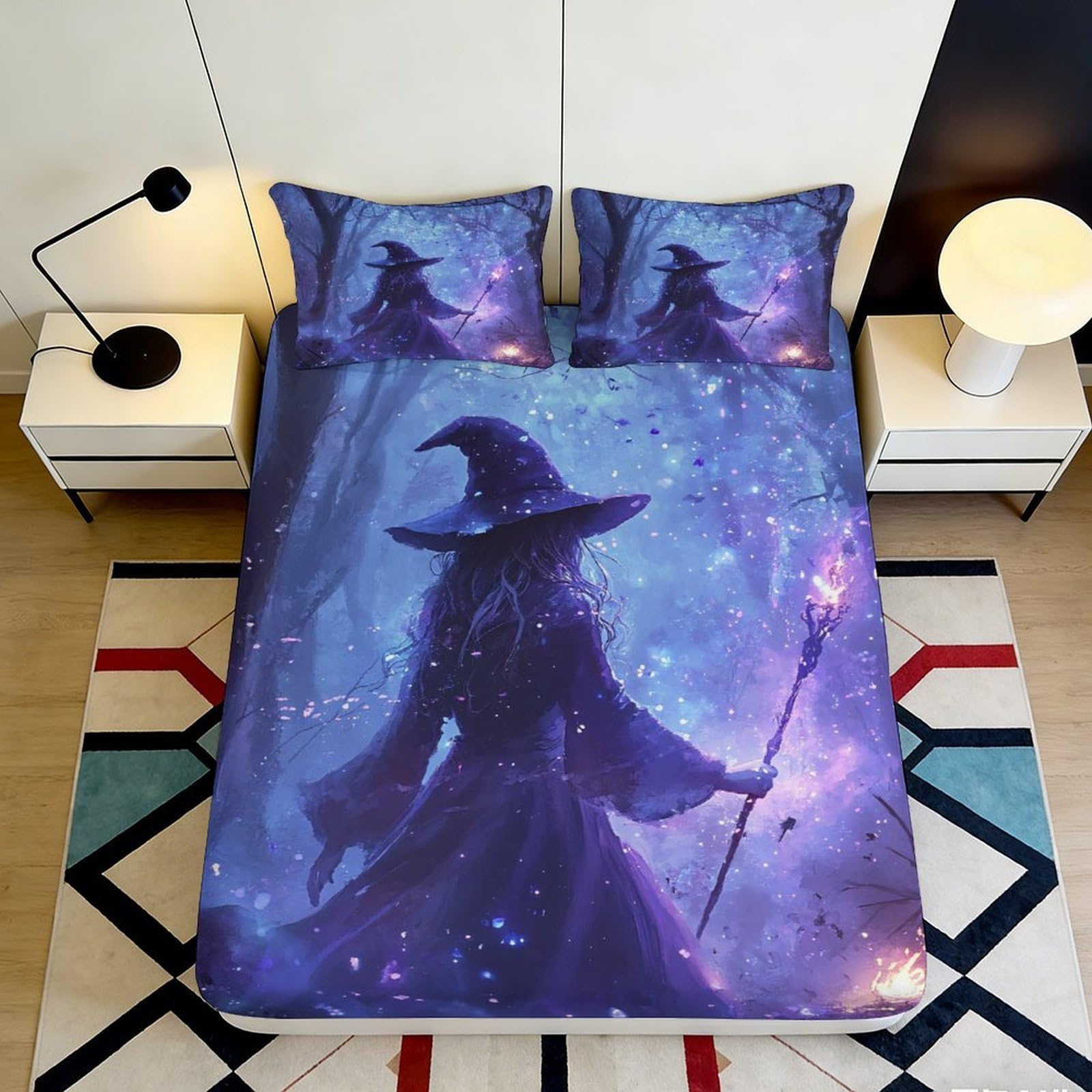 3D Printed Witch Forest Fitted Sheet Microfiber Purple Enchanted Magic Bed Cover for Bedroom Dorm Mattress Decor 120x200cm 140x200x25cm