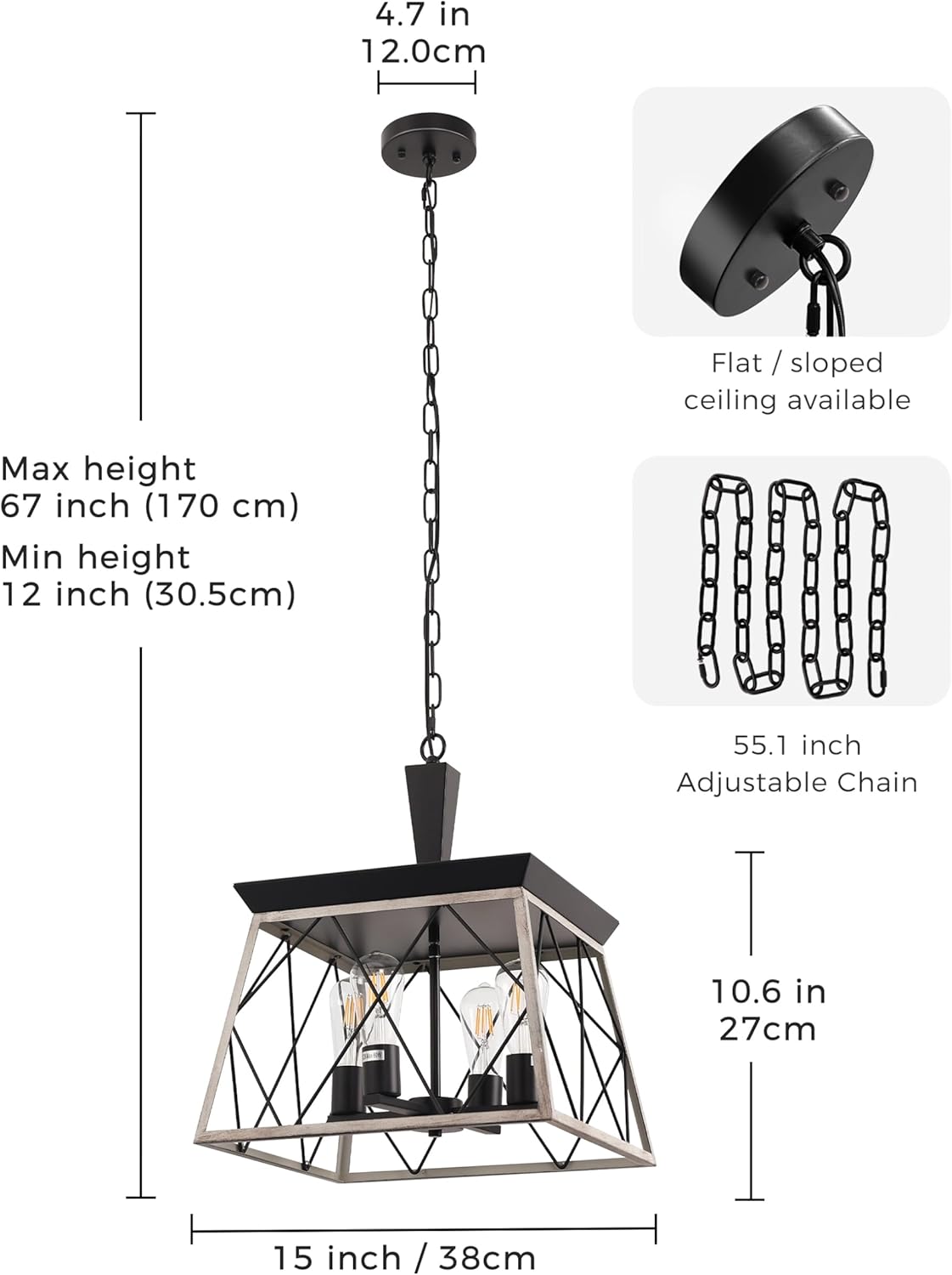 DORESshop 4-Light Rustic Farmhouse Chandelier for Dining Room, 15 Black and Rust Dining Room Light Fixtures, Adjustable Hanging Vintage Trapezoidal Grid Light Fixture for Kitchen Island, E26 Base