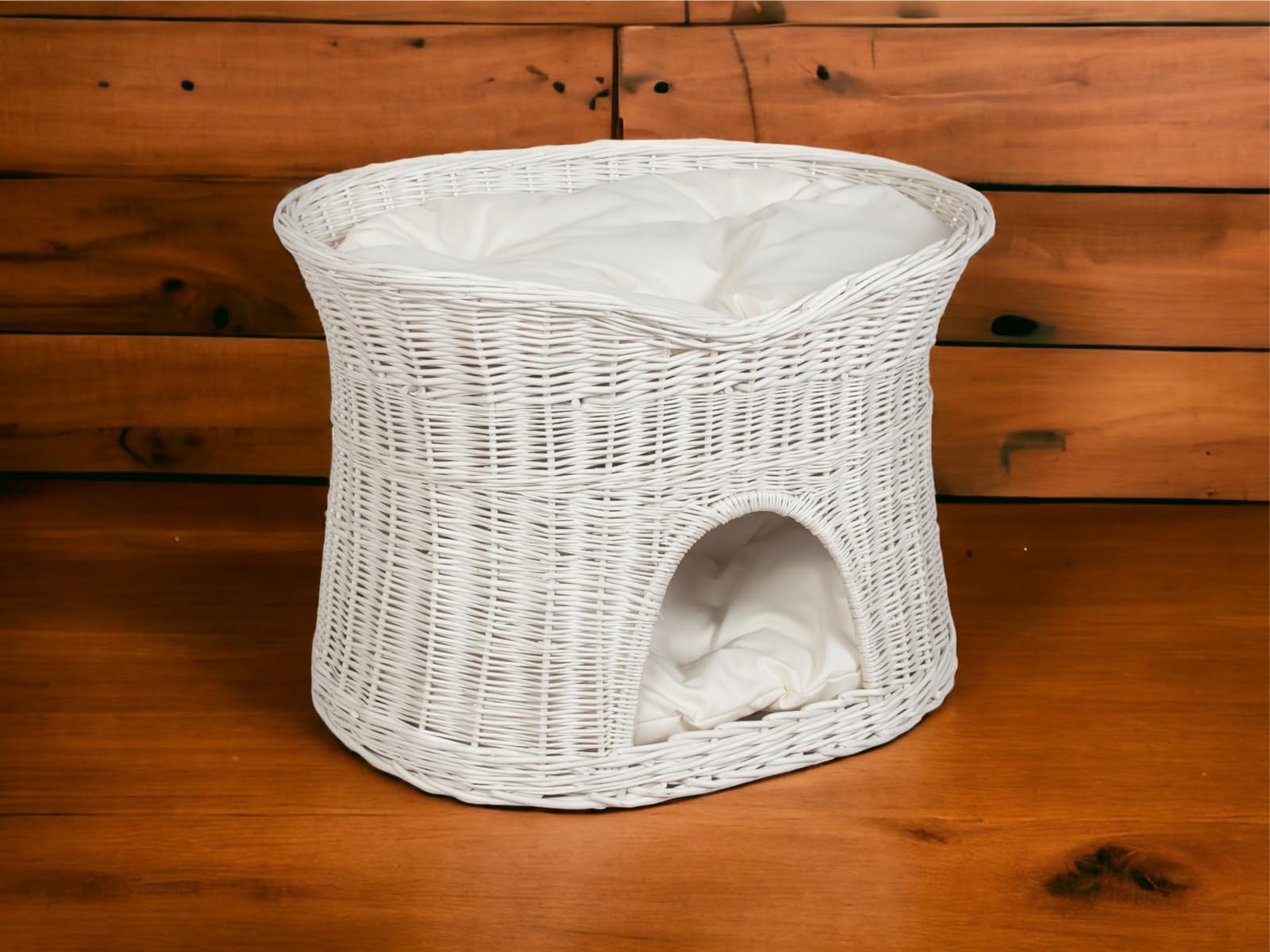Katzenkorb zum Schlafen – Katzenhütte Indoor – Größe XL: 70 cm oval – Katzenhöhle aus Weide – Zweistöckiger Hunde – oder Katzenbett mit waschbaren Kissen in Ecru – Weiße korbfarbe