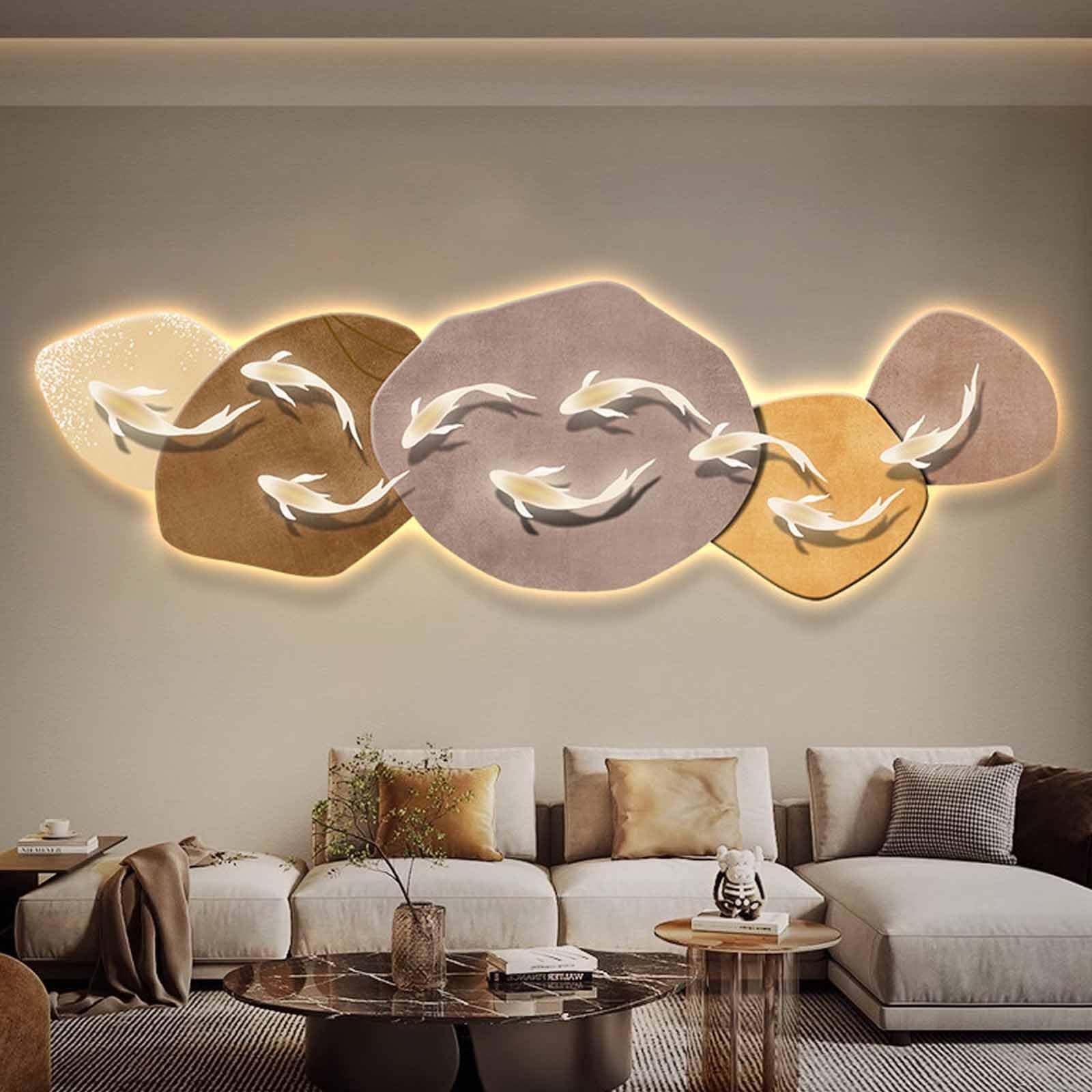 Decorazione Murale Carpe Koi 3D Retroilluminata a LED | Nieregularna Rzeźba z Błyszczącej Porcelany, Zasilana z Sieci, Idealna do Salonu(Brown,90x30cm/35x12in)