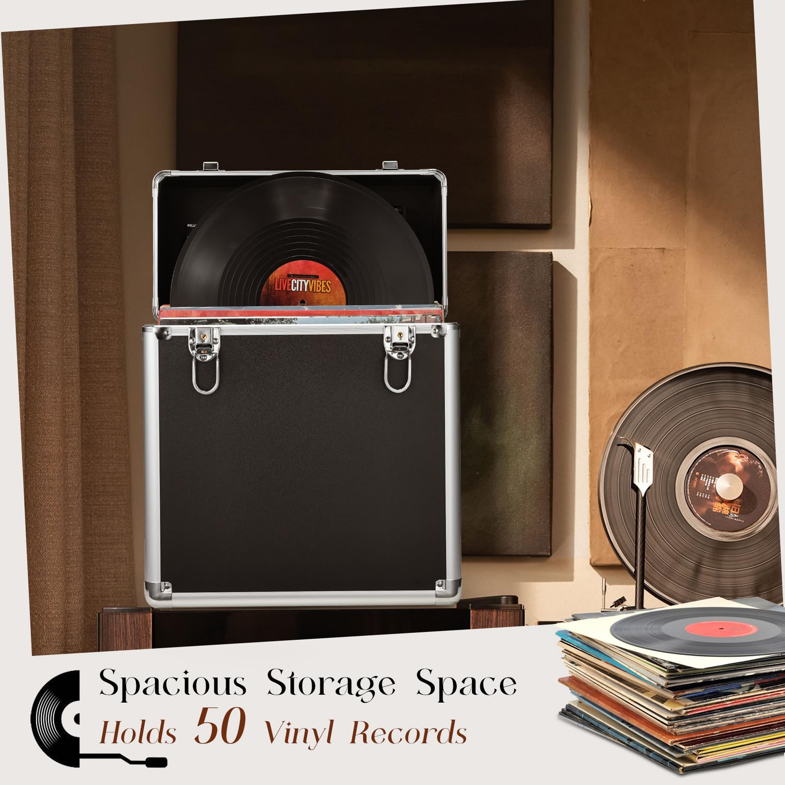 Caja para Vinilos Almacenamiento Transporte con Bolsillo de Malla Cierre Capacidad 45 Discos para Coleccionistas Negro