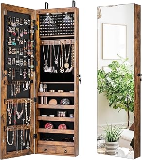 NAFORT 2 LEDs Full Length Mirror with Jewelry Armoire, Jewelry Organizers and Storage with 2 Mounting Options, 47.5”H Jewelry Cabinet with 2 Drawers, Make up & Lockable Jewelry Box, Rustic Brown