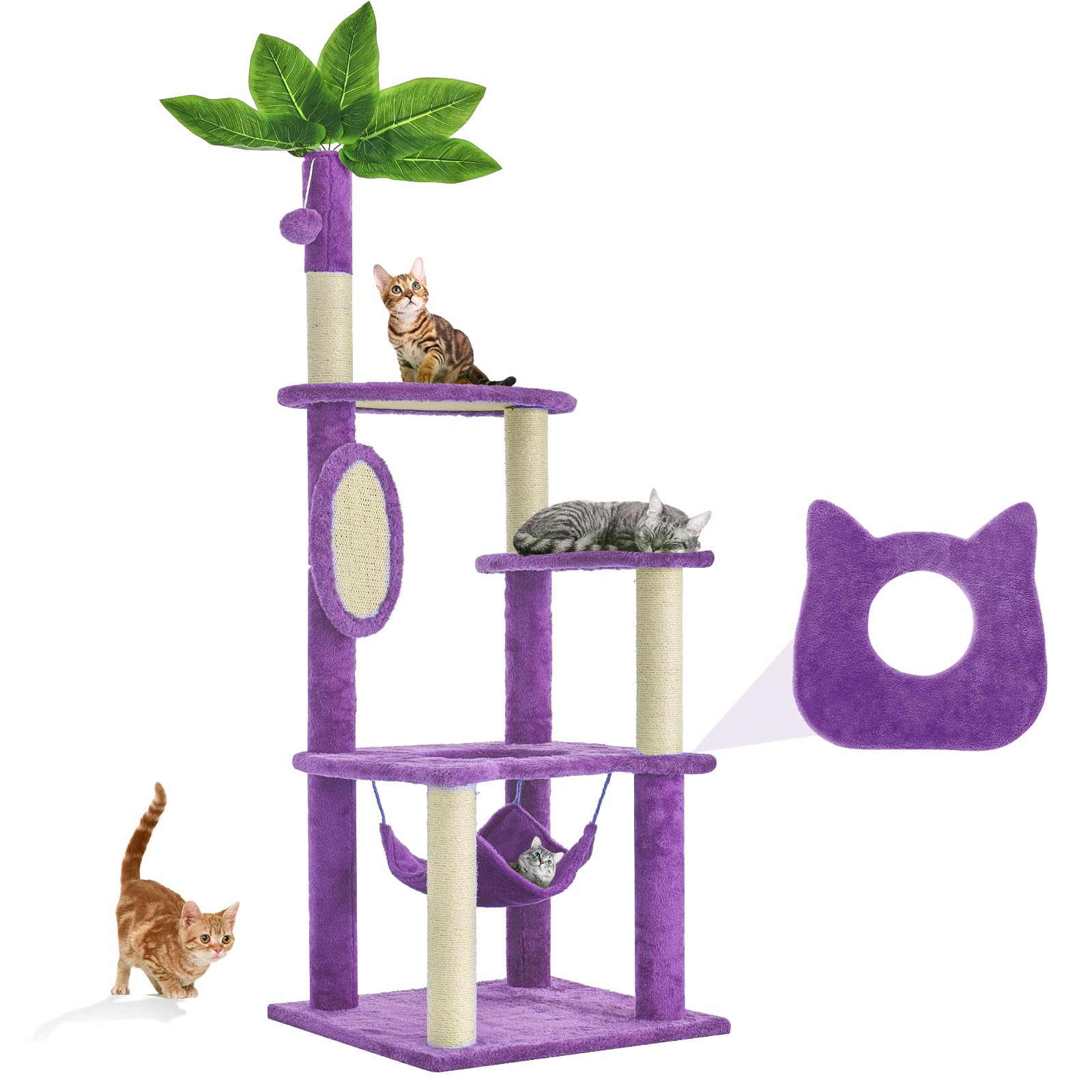 TSCOMON 61" Large Cat Tree Tower for Indoor Cats with DIY Green Leaves Scratching Post Multi Soft Hang Ball Plush Cat House Furniture 360° Rotating Cat Scratch Board with Hammock, Purple