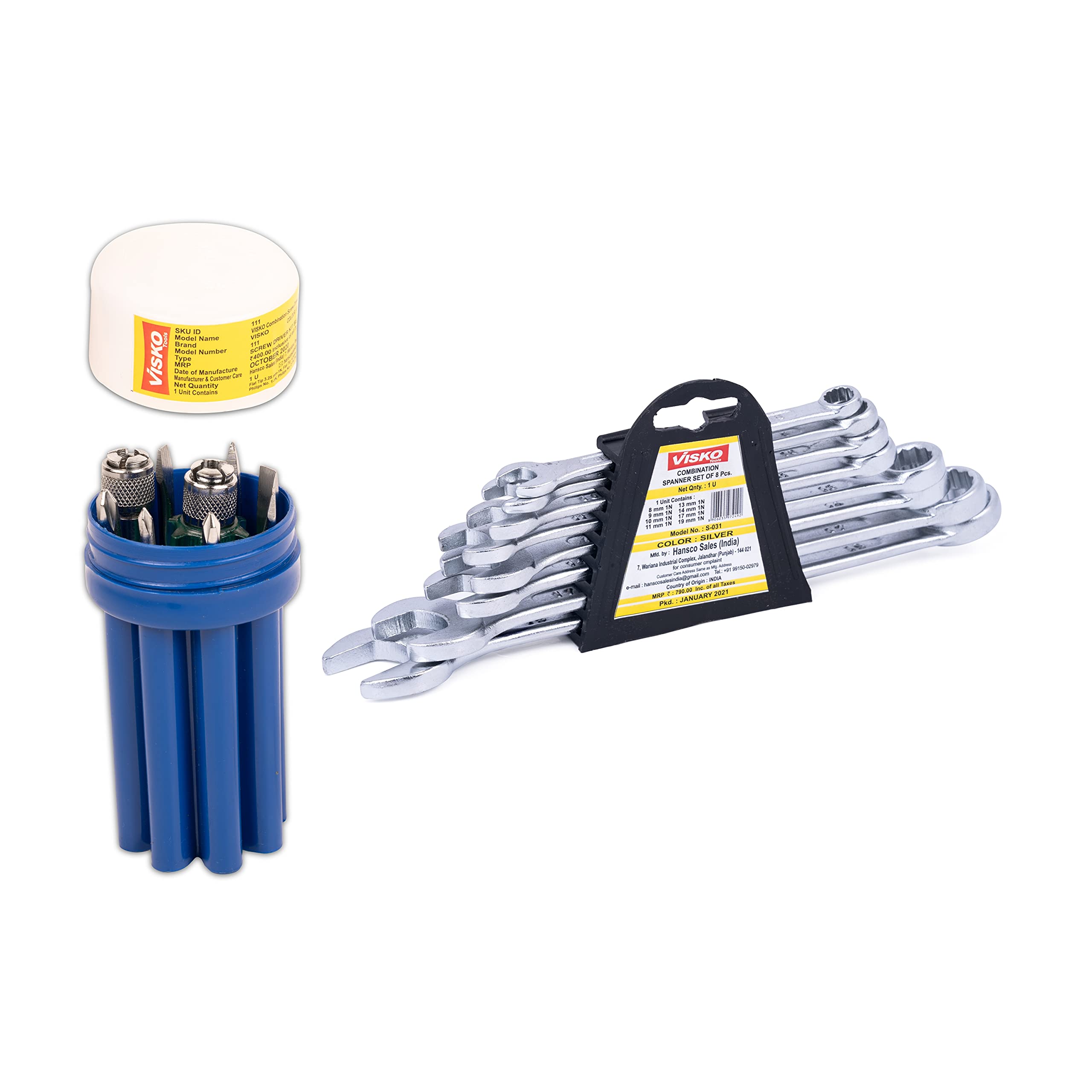 Visko Tools 111 8 Blades Combination Screwdriver Set with Tester (Blue and White,9-Pieces) and S031 Recessed Panel Double Sided Combination Wrench (Pack of 8), Multicolor (B095LQ2S4Q) Amazon Price History, Amazon Price Tracker