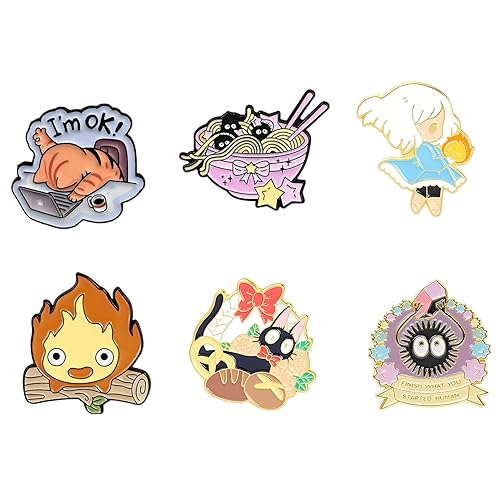 MemeChic 6Pcs Kawaii Enamel Pin Set, Cute Soot Sprite Calcifer Cat Anime Lapel Pins, Cartoon Funny Pin Bulk Set Brooch Button Aesthetic Badges for Backpacks, Jackets, Gifts for Kids Girls Boys Festival Present