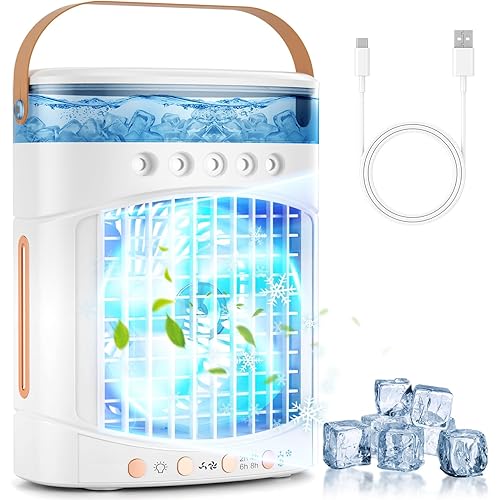Portable Air Conditioners, 4-in-1 Portable Air Cooler Fan with 700mL Tank, 2 Speeds & 7-Color LED Lights - Mini Evaporative AC Unit for Camping, Office, Bedroom, Car