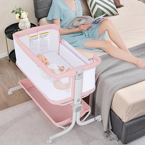 Miniatura 2 de INFANS Cuna de bebé 3 en 1, cama de noche con colchón cómodo, ruedas, 6 altura ajustable, cesta de almacenamiento, bolsa de viaje, cuna portátil de