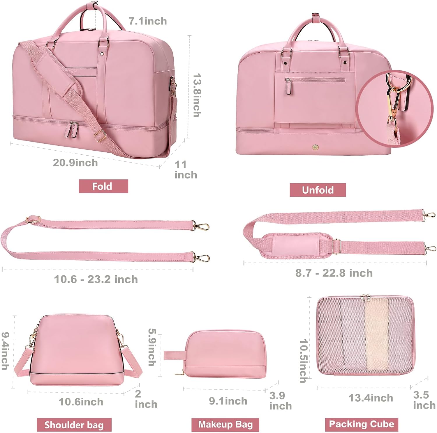 Weekender Bag for Women Men, Large Overnight Bag Faux Leather Travel Duffel Bag with Shoe Compartment Toiletry Packing Cube Carry On Bag Fit 21" Laptop 3Pcs Set (4PCS Pink) - Image 3