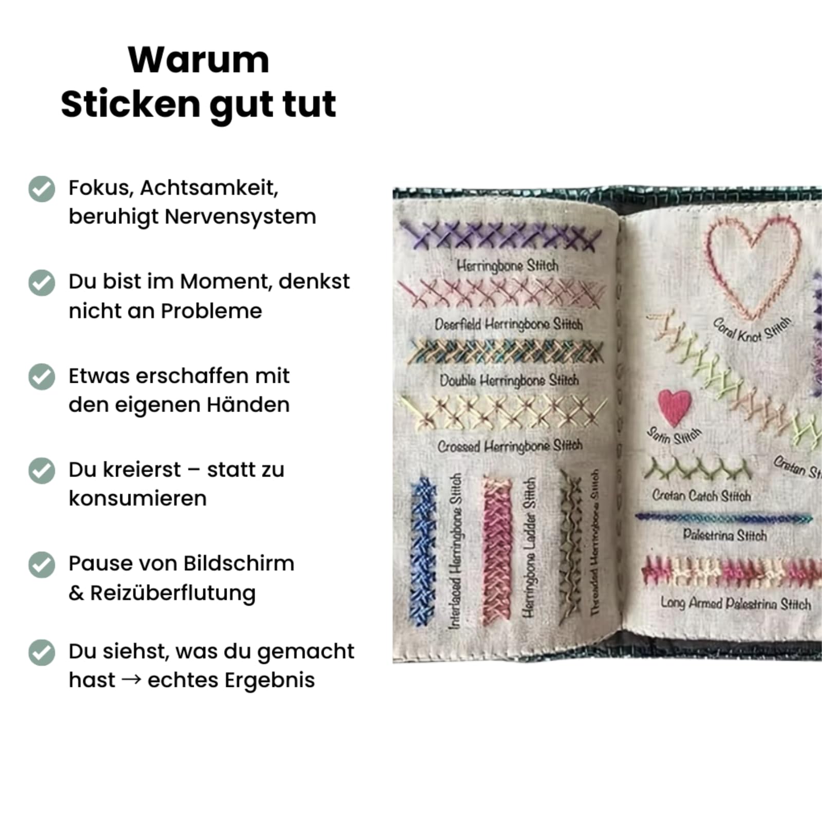handstille The Little Stitch Library Von den ersten Stichen bis zu eigenen Kreationen，Stickbuch für Anfänger | DIY-Stickbuch-Set mit 86 verschiedenen Stichen und einer Vielzahl von Mustern